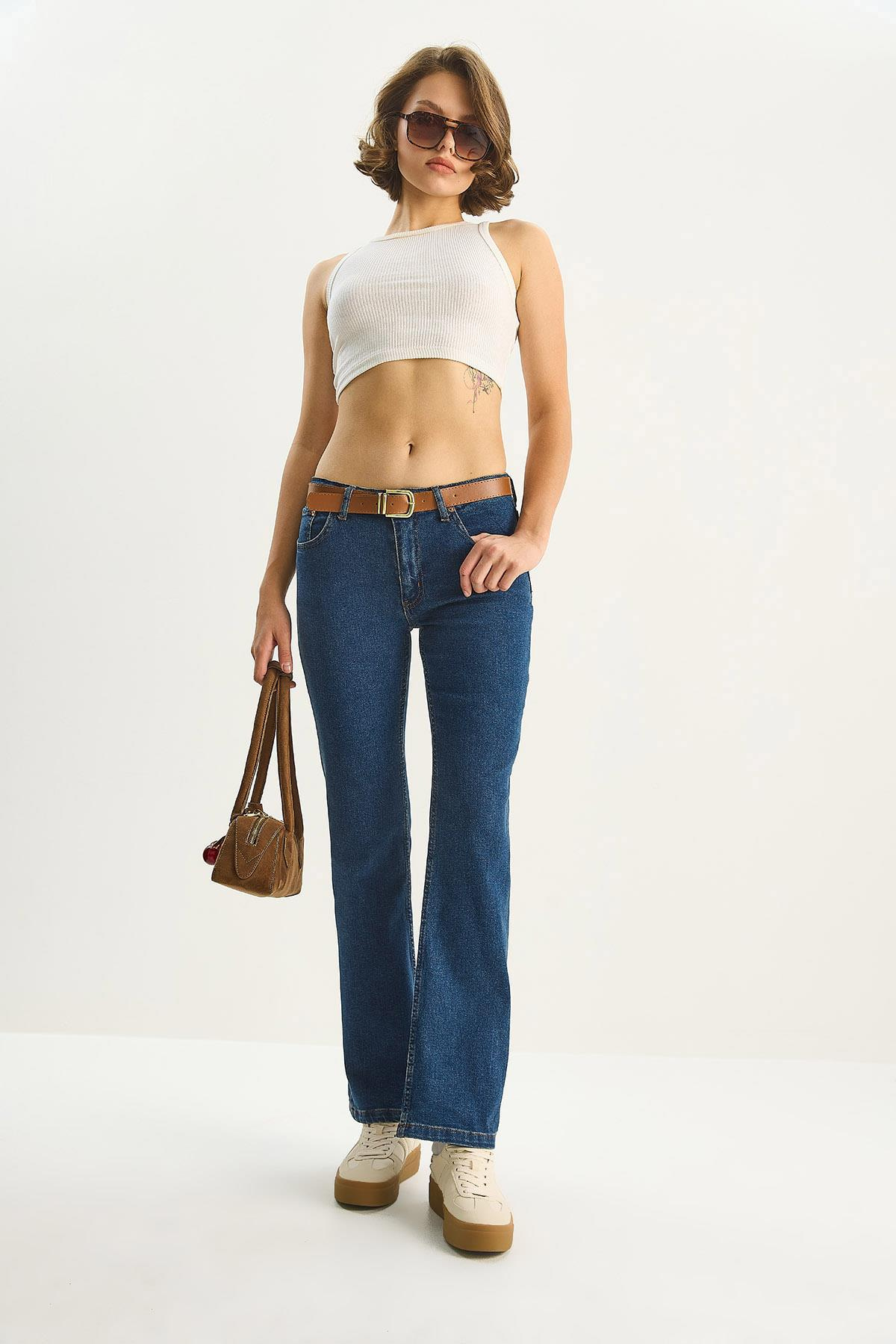 Kadın Kemer Detaylı Yarım İspanyol Paça Likralı Denim Pantolon 5296 60283612 - İndigo PANTOLON modelleri