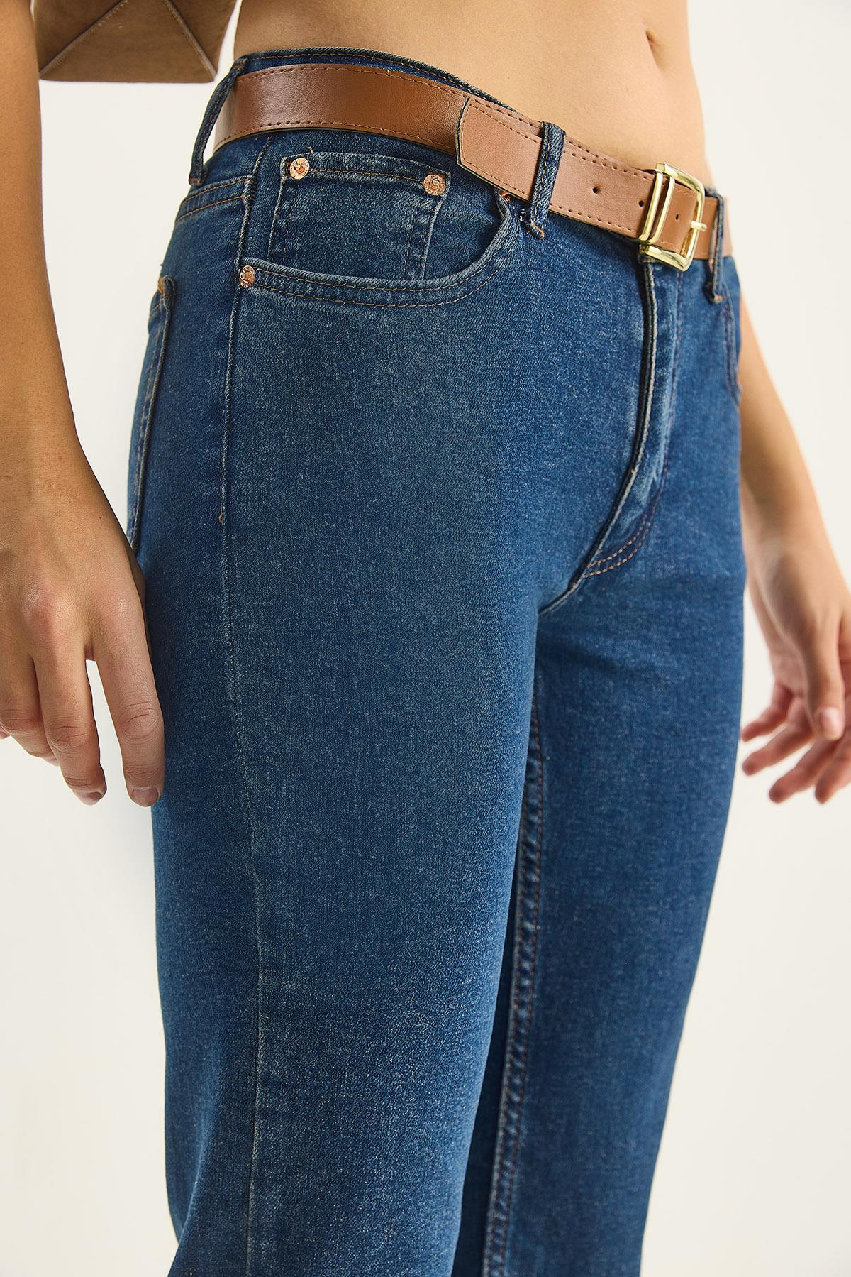 Kadın Kemer Detaylı Yarım İspanyol Paça Likralı Denim Pantolon 5296 60283612 - İndigo PANTOLON modelleri