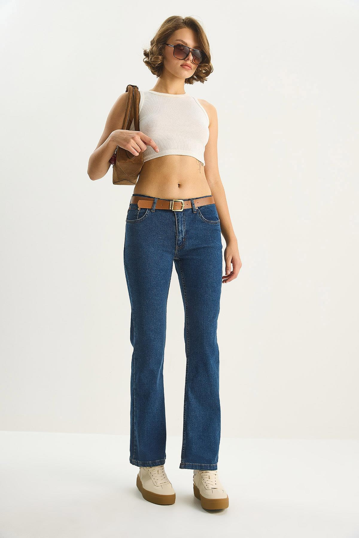 Kadın Kemer Detaylı Yarım İspanyol Paça Likralı Denim Pantolon 5296 60283612 - İndigo PANTOLON modelleri