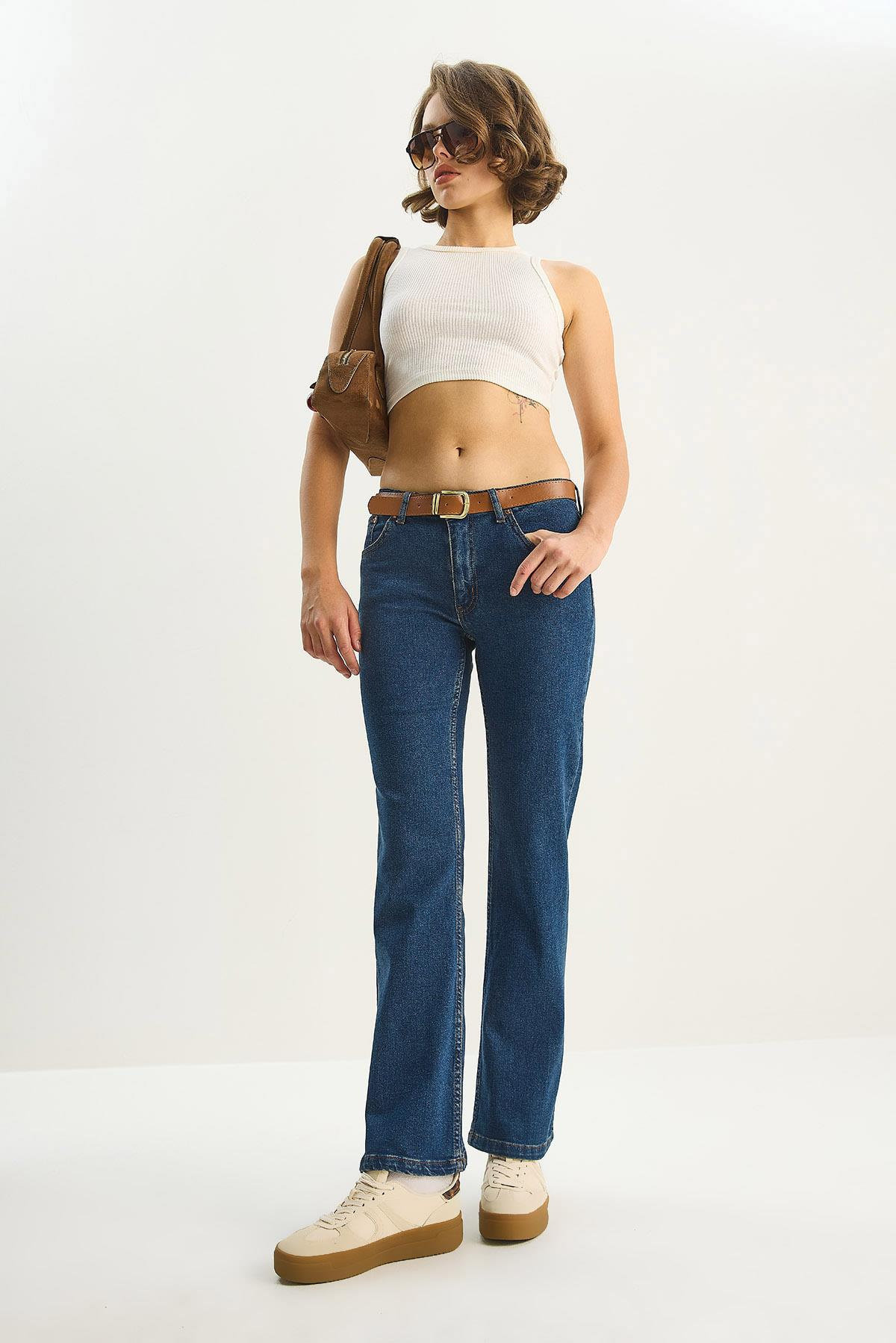 Kadın Kemer Detaylı Yarım İspanyol Paça Likralı Denim Pantolon 5296 60283612 - İndigo PANTOLON modelleri