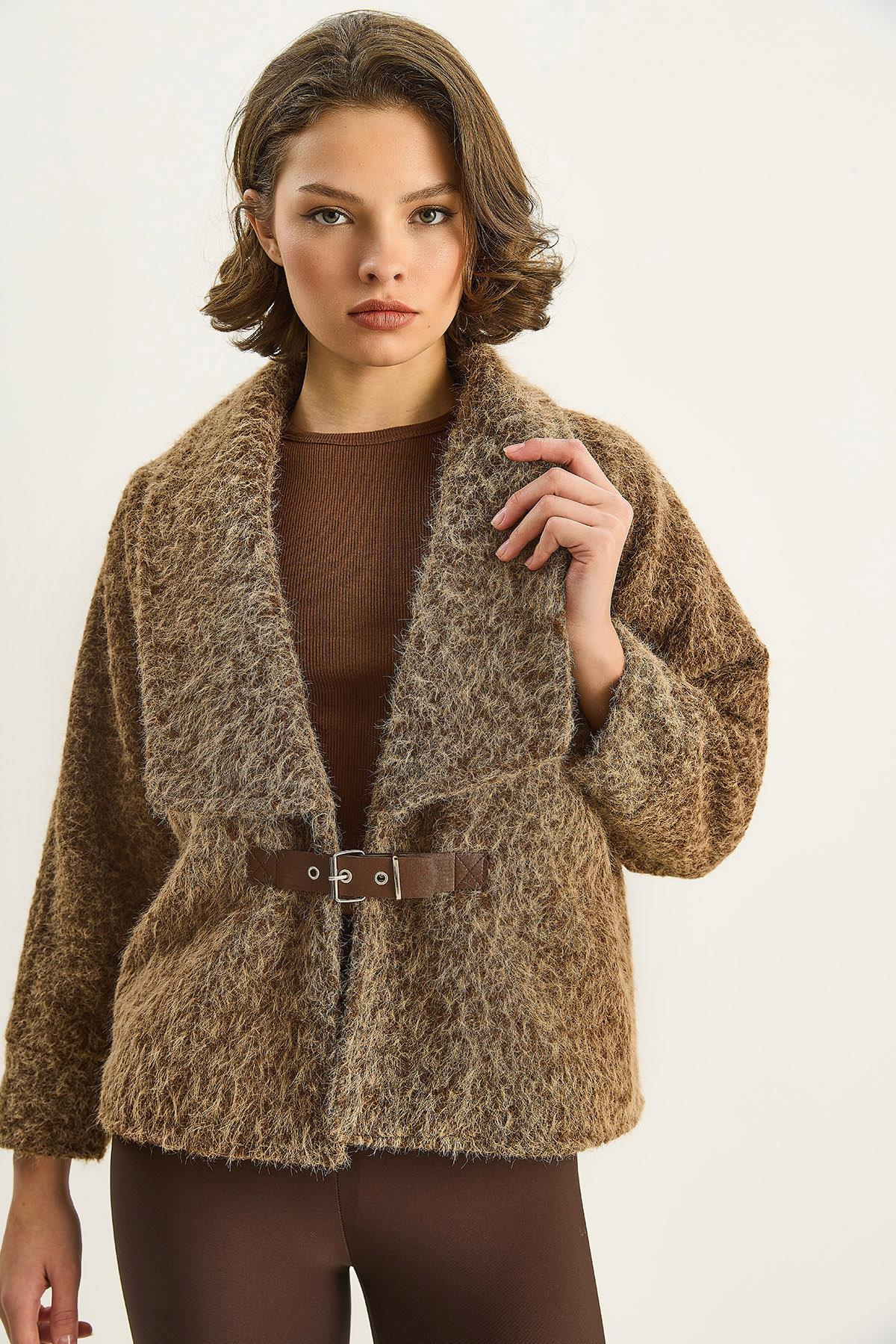 Kadın Kemerli Astarlı Keçe Ceket Kaban 2062 60283746 - Camel DIŞ GİYİM modelleri