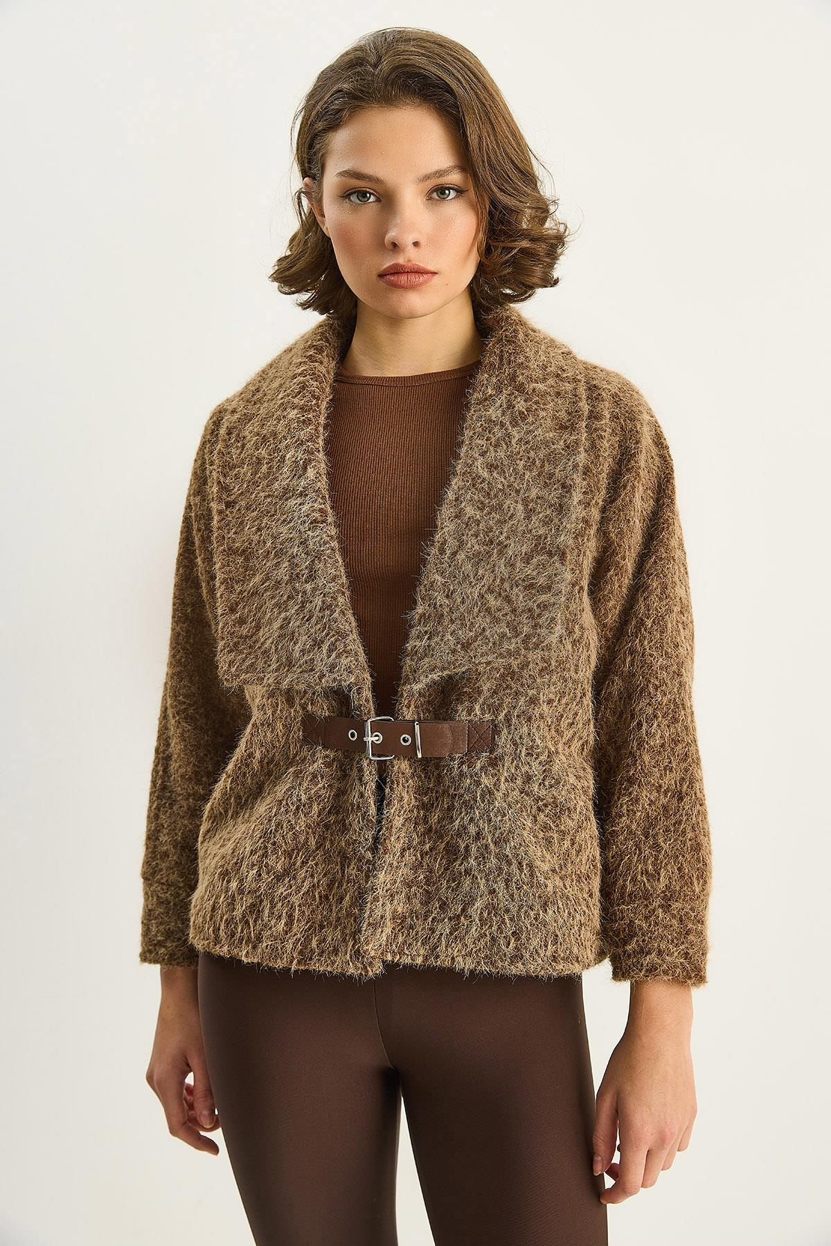 Kadın Kemerli Astarlı Keçe Ceket Kaban 2062 60283746 - Camel DIŞ GİYİM modelleri