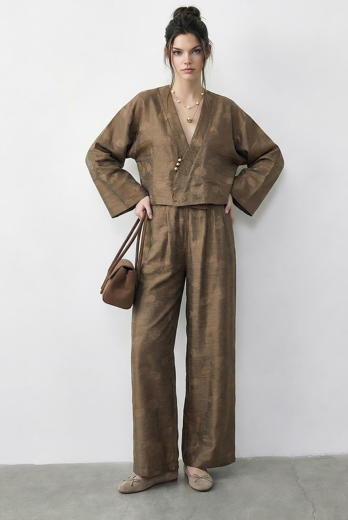 Kadın Kendinden Çiçek Desenli Kruvaze Kimono Salaş Pantolonlu Alt-Üst Takım 60613 60283998 - Haki ALT - ÜST TAKIM modelleri
