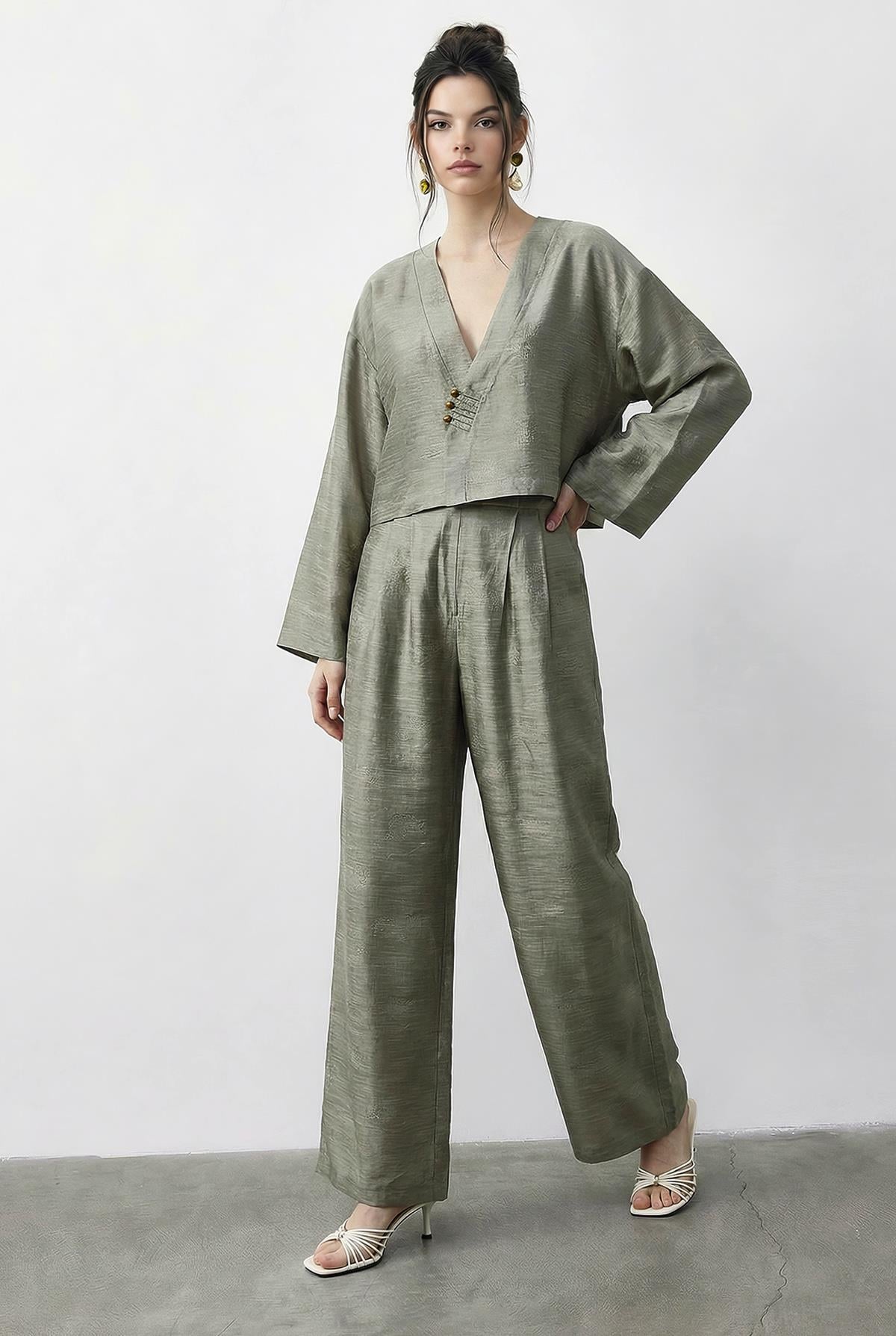 Kadın Kendinden Çiçek Desenli Kruvaze Kimono Salaş Pantolonlu Alt-Üst Takım 60613 60283998 - Su Yeşili ALT - ÜST TAKIM modelleri