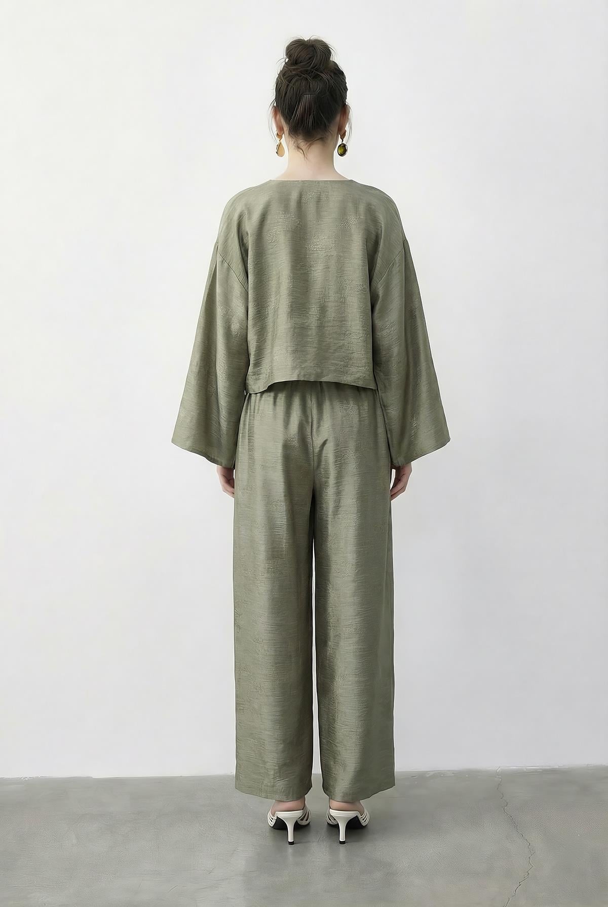 Kadın Kendinden Çiçek Desenli Kruvaze Kimono Salaş Pantolonlu Alt-Üst Takım 60613 60283998 - Su Yeşili ALT - ÜST TAKIM modelleri