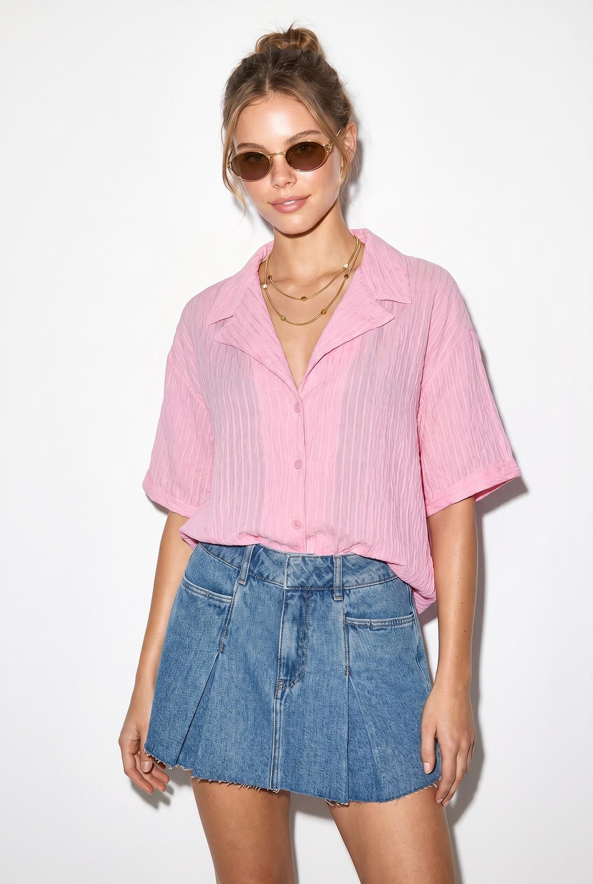 Kadın Kendinden Çizgili Açık Yaka Oversize Kısa Kol Gömlek 60282055 - Şeker Pembe GÖMLEK modelleri