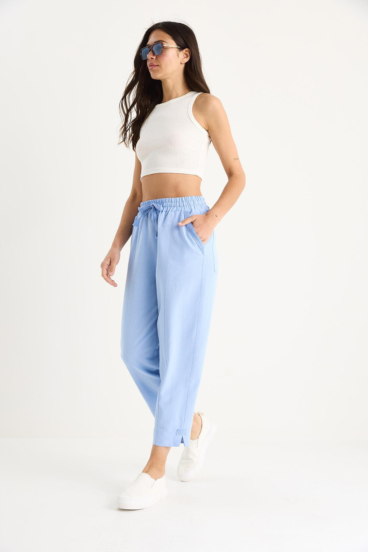 Kadın Keten Beli Lastikli Bağlamalı Paça Detaylı Cepli Havuç Kesim Pantolon 3875 60261419 - Bebe Mavisi