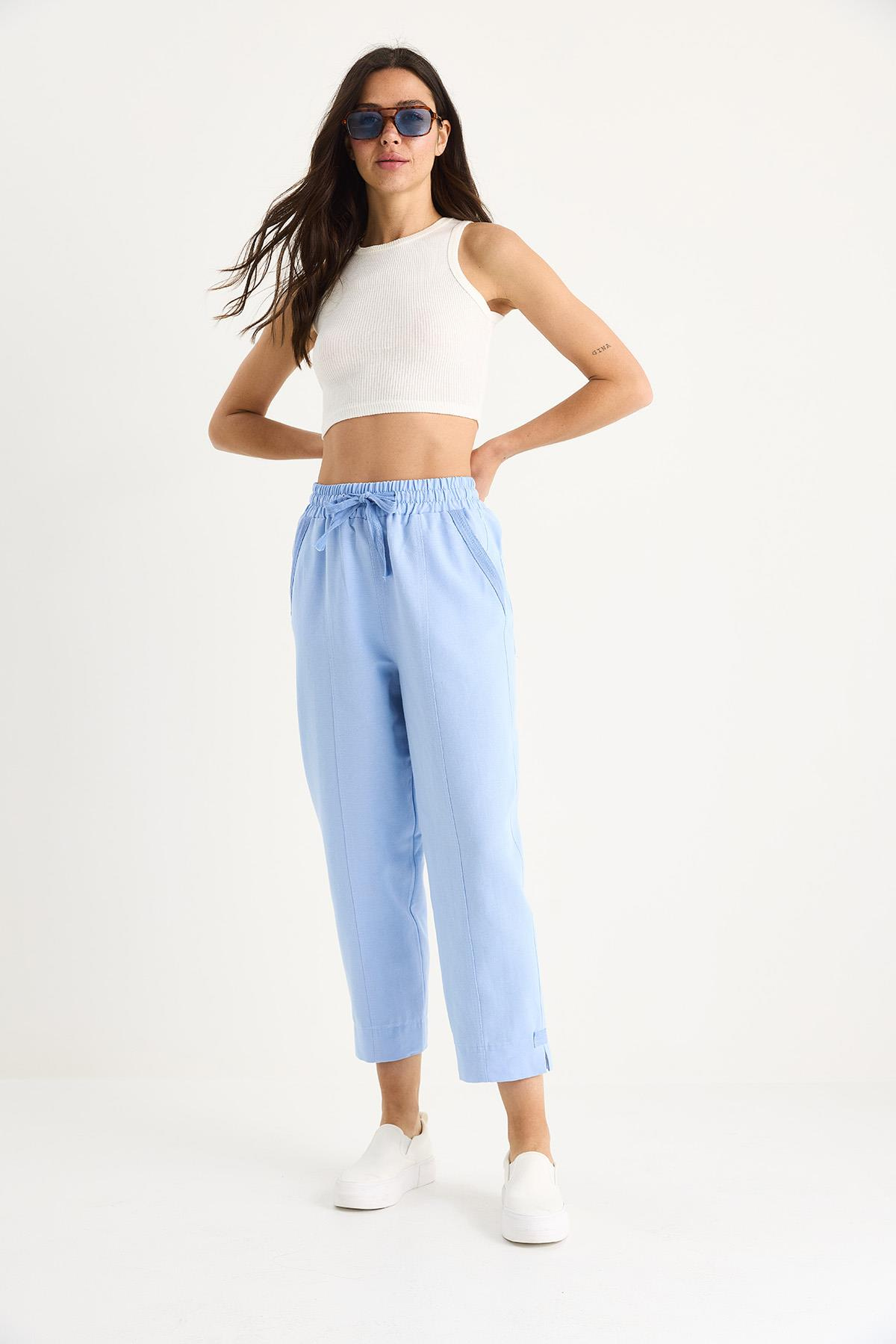 Kadın Keten Beli Lastikli Bağlamalı Paça Detaylı Cepli Havuç Kesim Pantolon 3875 60261419 - Bebe Mavisi