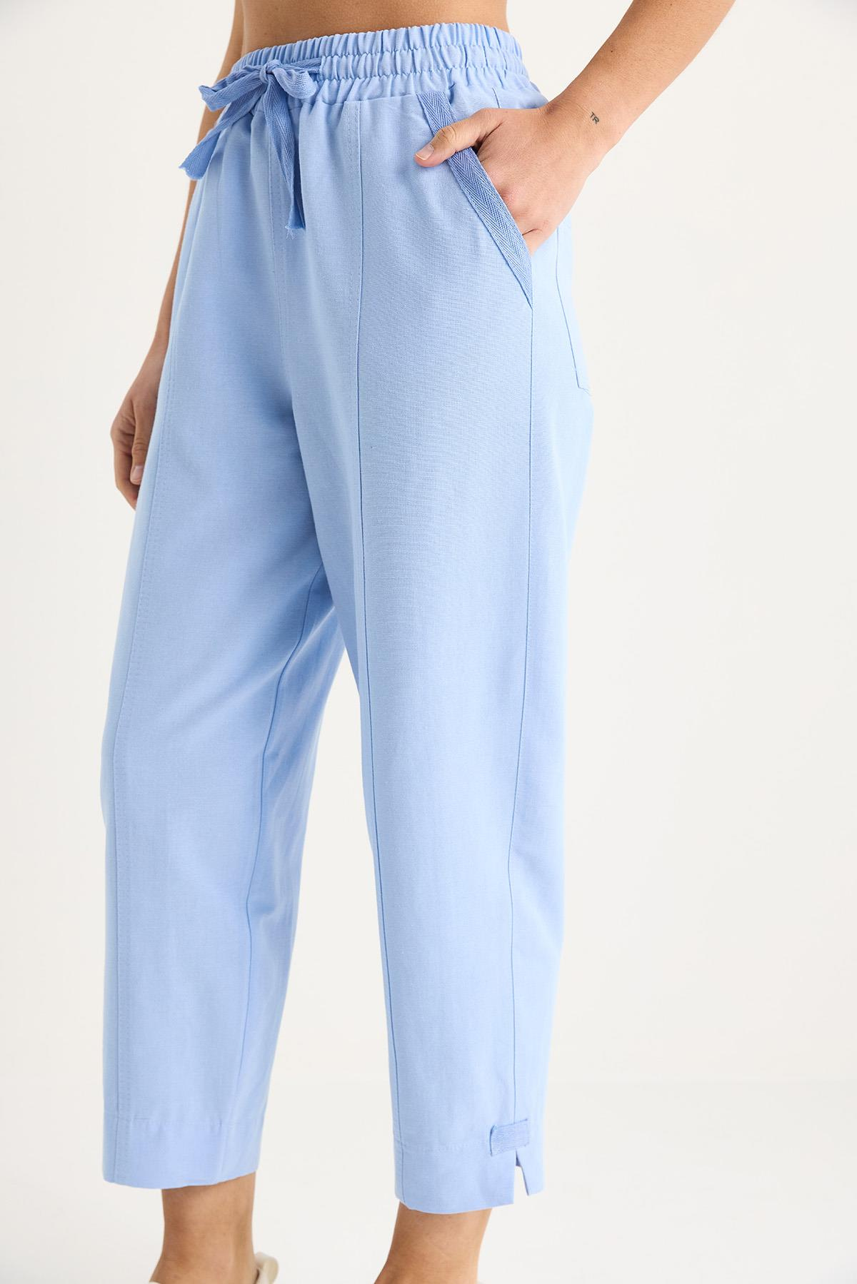 Kadın Keten Beli Lastikli Bağlamalı Paça Detaylı Cepli Havuç Kesim Pantolon 3875 60261419 - Bebe Mavisi