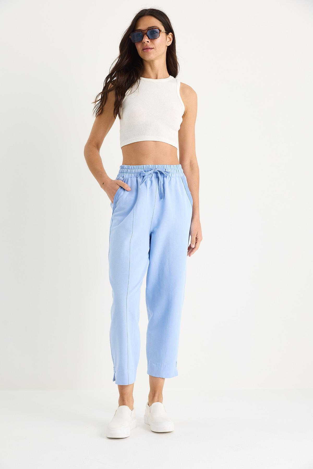 Kadın Keten Beli Lastikli Bağlamalı Paça Detaylı Cepli Havuç Kesim Pantolon 3875 60261419 - Bebe Mavisi