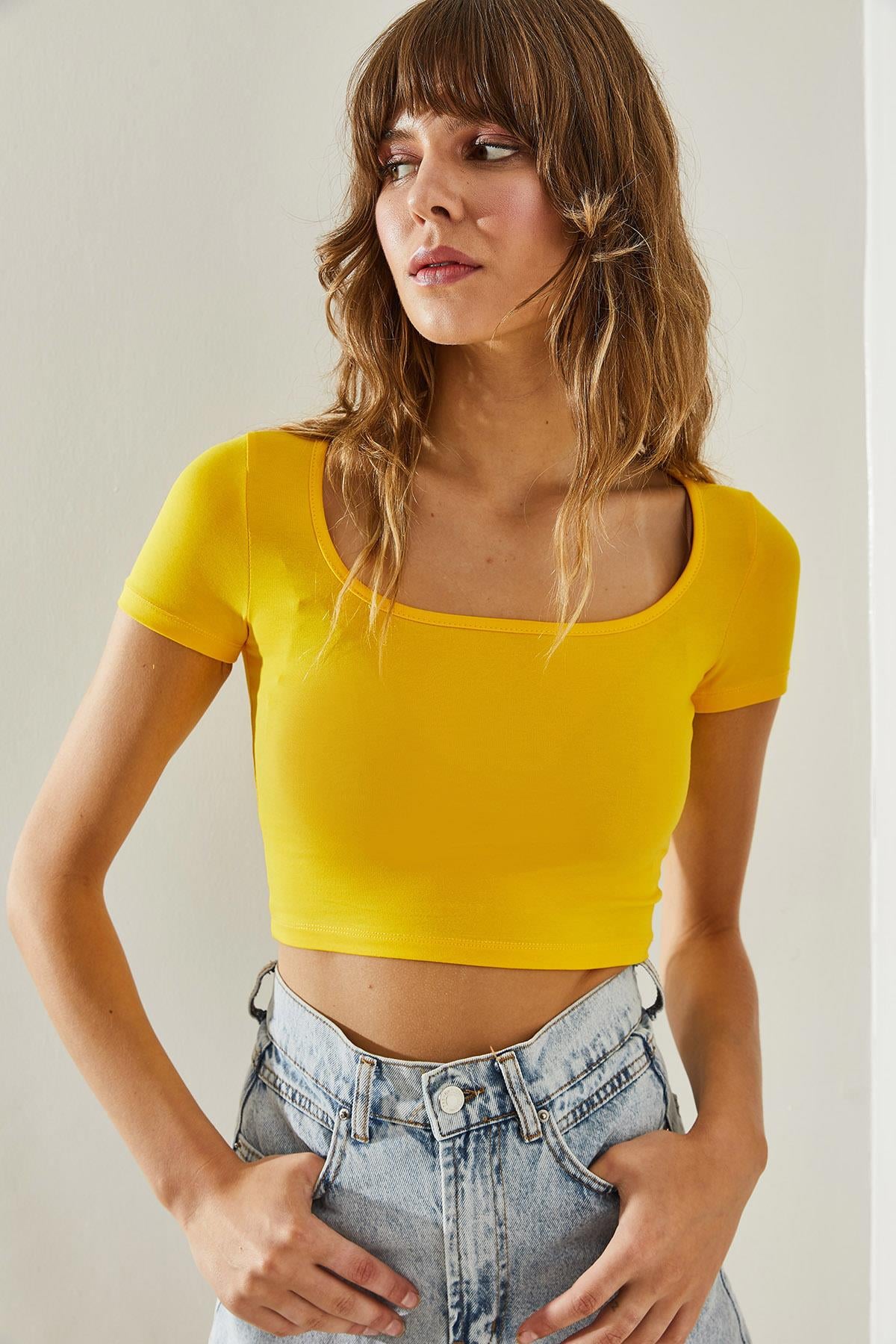 Kadın Kısa Kol Crop Bluz 60251251 - Sarı BLUZ modelleri