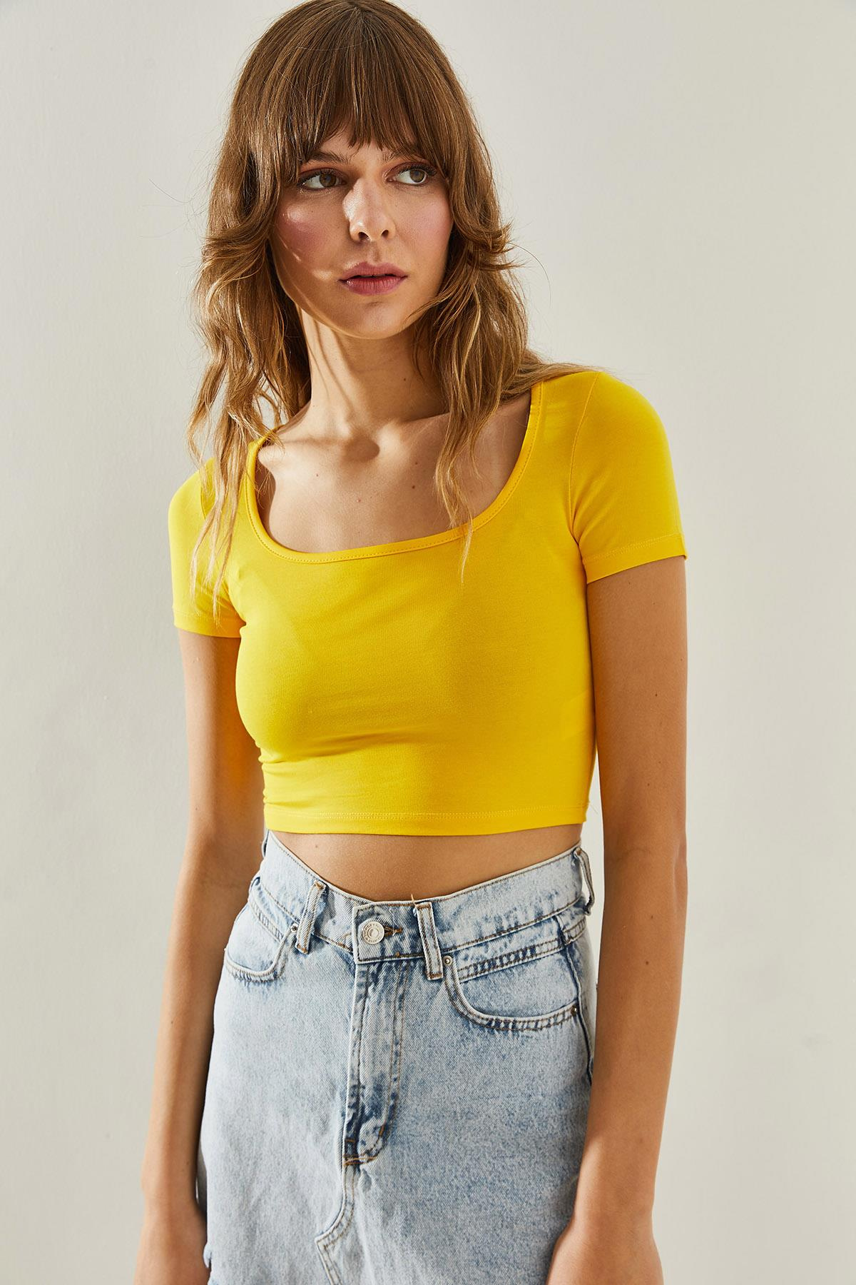 Kadın Kısa Kol Crop Bluz 60251251 - Sarı BLUZ modelleri