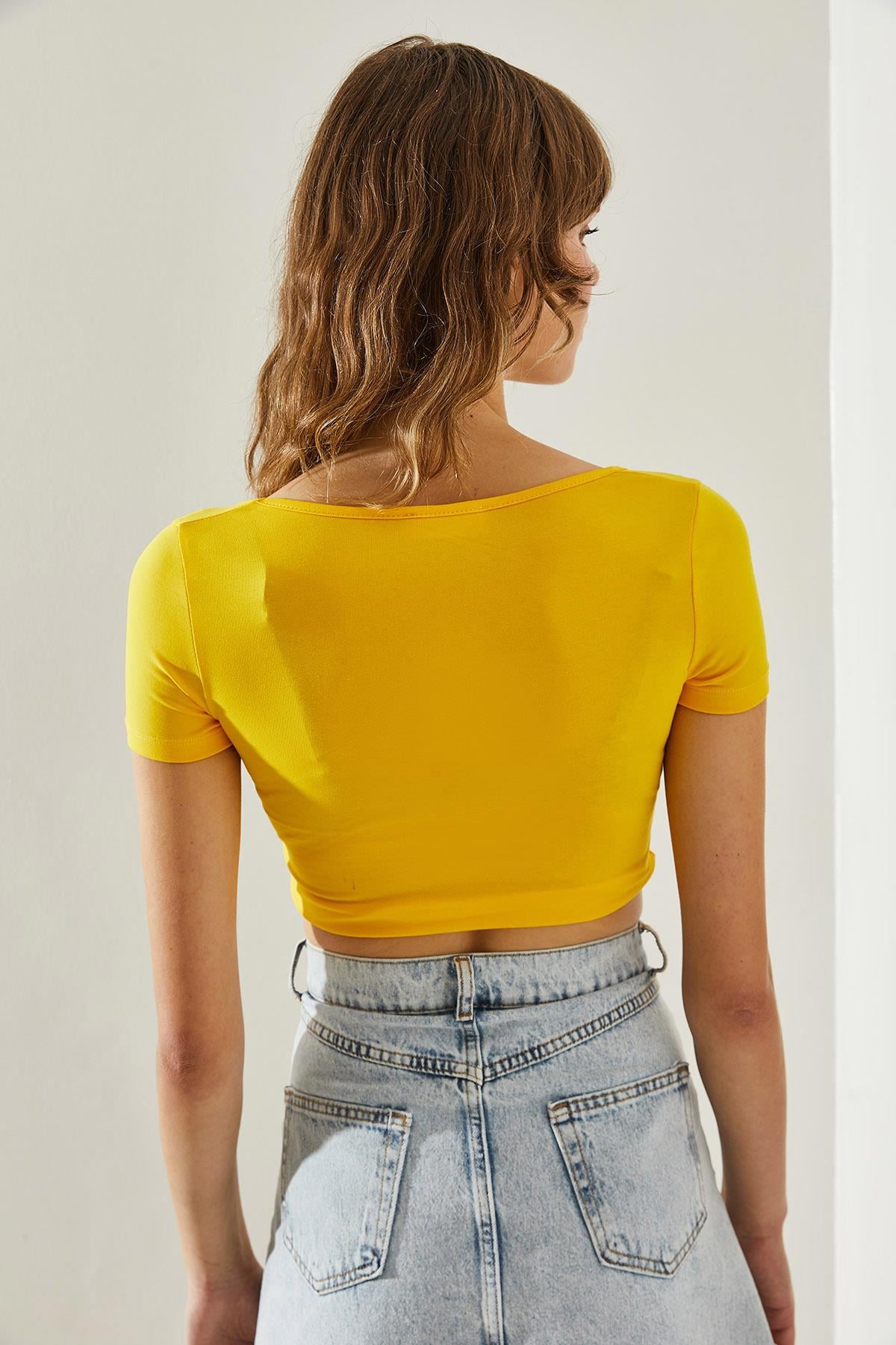 Kadın Kısa Kol Crop Bluz 60251251 - Sarı BLUZ modelleri