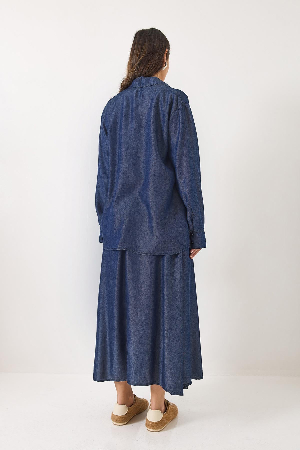 Kadın Kloş Cep Detaylı Kemerli Etek Oversize Uzun Gömlek Yazlık Denim Alt-Üst Takım 9308 60283142 - Lacivert