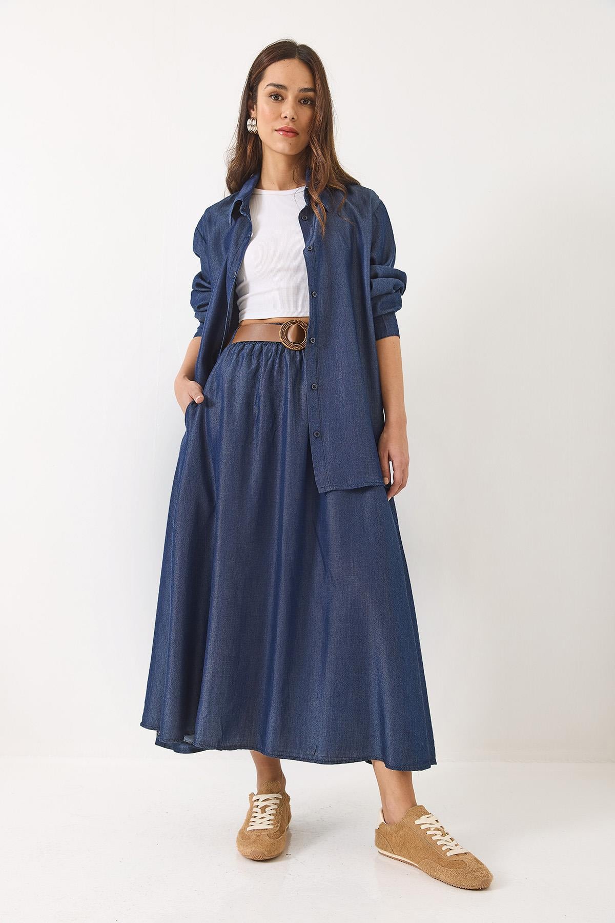 Kadın Kloş Cep Detaylı Kemerli Etek Oversize Uzun Gömlek Yazlık Denim Alt-Üst Takım 9308 60283142 - Lacivert