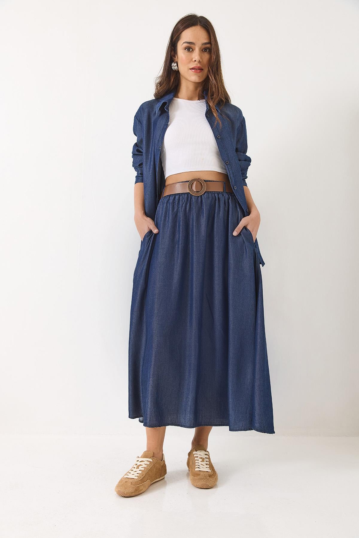 Kadın Kloş Cep Detaylı Kemerli Etek Oversize Uzun Gömlek Yazlık Denim Alt-Üst Takım 9308 60283142 - Lacivert