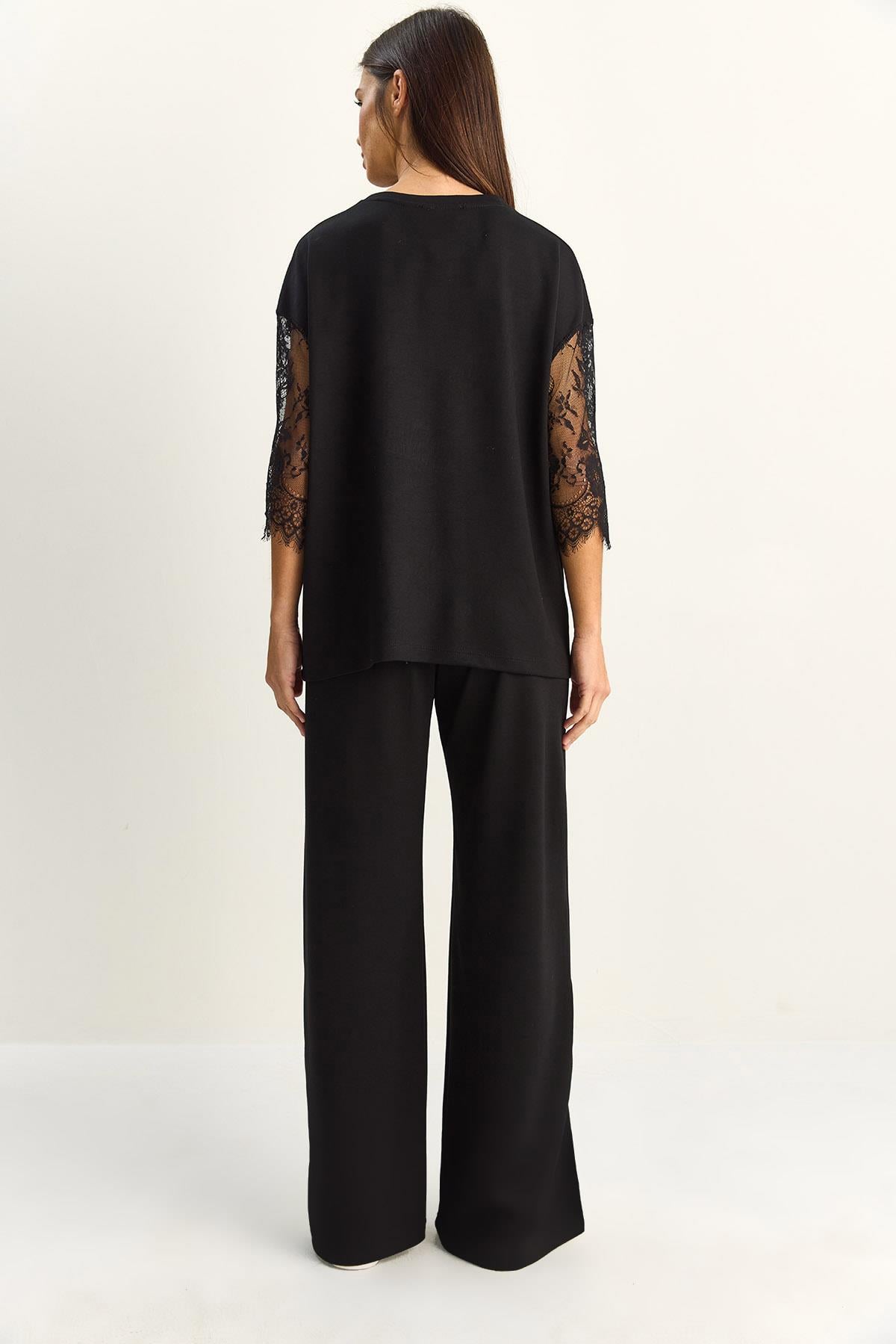 Kadın Kolları Dantelli Oversize Basic T-Shirt Beli Lastikli Bol Pantolon Alt-Üst Modal Takım 4115 60286085 - Siyah ALT - ÜST TAKIM modelleri