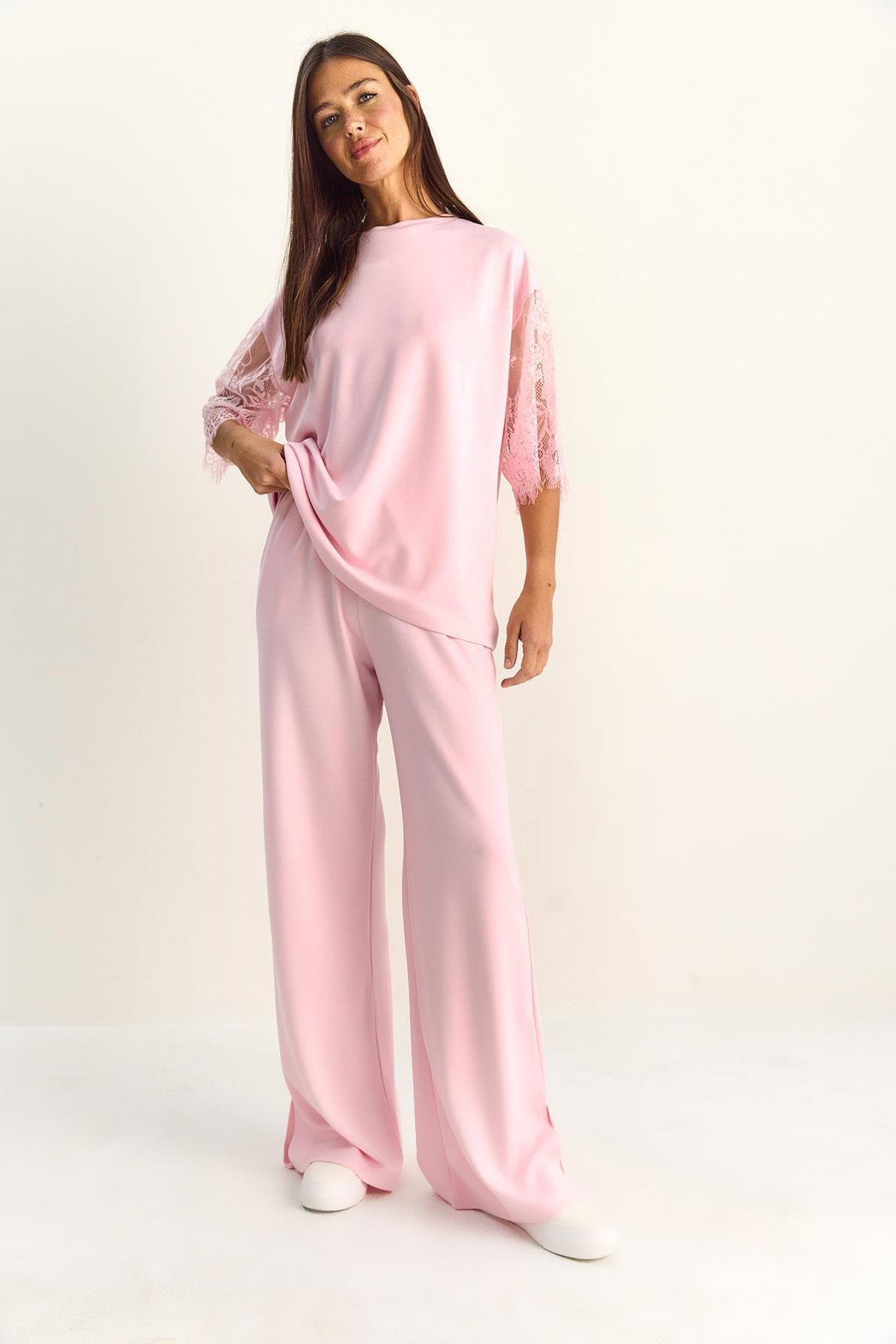 Kadın Kolları Dantelli Oversize Basic T-Shirt Beli Lastikli Bol Pantolon Alt-Üst Modal Takım 4115 60286085 - Pembe ALT - ÜST TAKIM modelleri