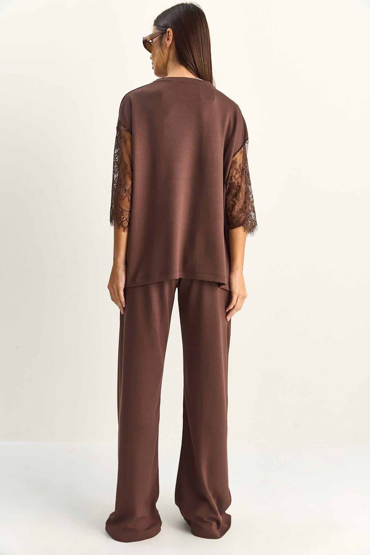 Kadın Kolları Dantelli Oversize Basic T-Shirt Beli Lastikli Bol Pantolon Alt-Üst Modal Takım 4115 60286085 - Acı Kahve ALT - ÜST TAKIM modelleri