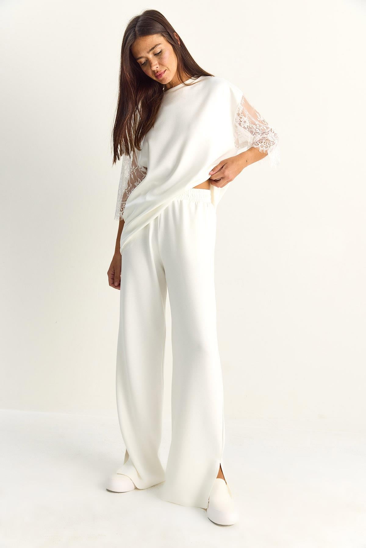 Kadın Kolları Dantelli Oversize Basic T-Shirt Beli Lastikli Bol Pantolon Alt-Üst Modal Takım 4115 60286085 - Beyaz ALT - ÜST TAKIM modelleri