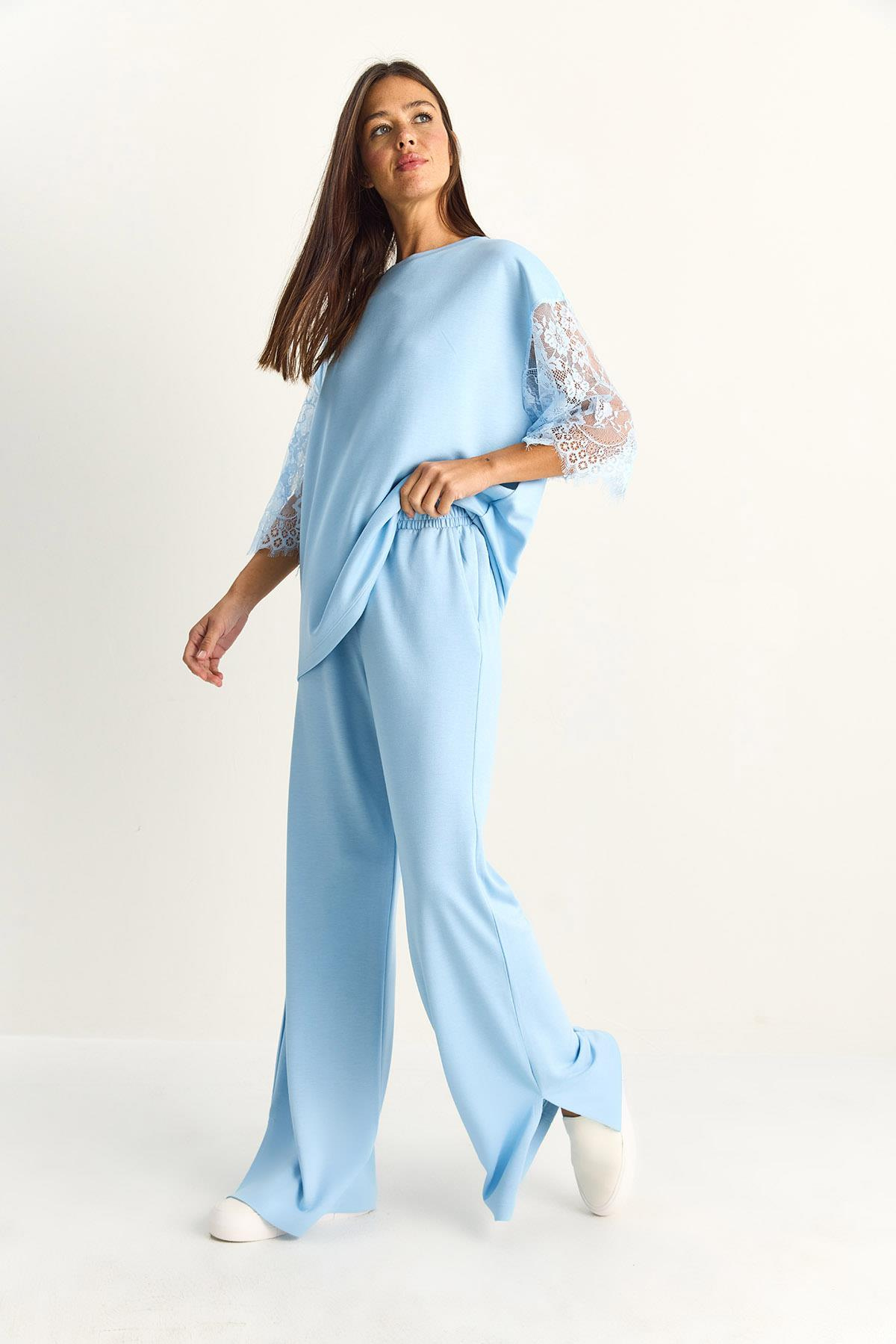 Kadın Kolları Dantelli Oversize Basic T-Shirt Beli Lastikli Bol Pantolon Alt-Üst Modal Takım 4115 60286085 - Bebe Mavisi ALT - ÜST TAKIM modelleri