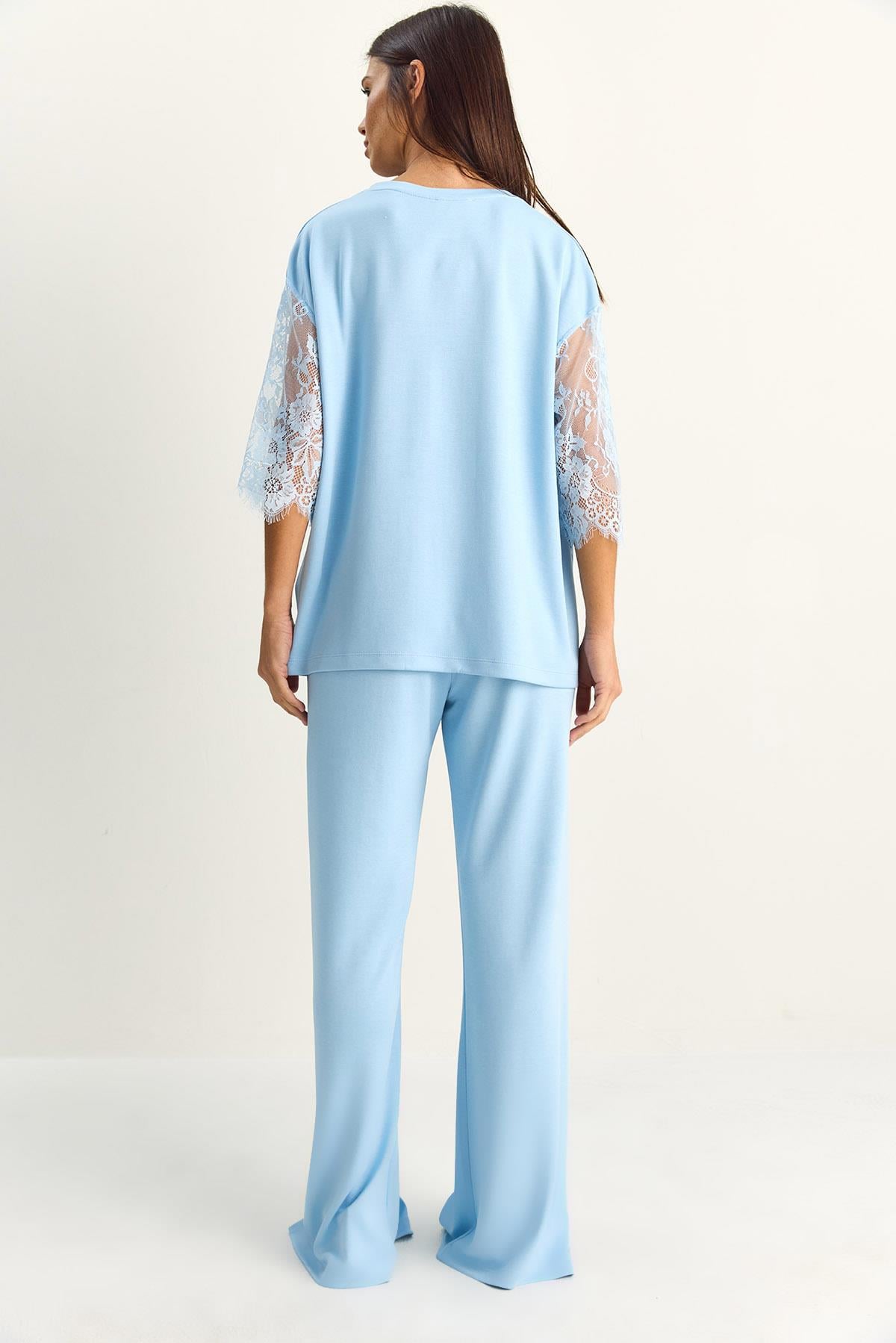 Kadın Kolları Dantelli Oversize Basic T-Shirt Beli Lastikli Bol Pantolon Alt-Üst Modal Takım 4115 60286085 - Bebe Mavisi ALT - ÜST TAKIM modelleri