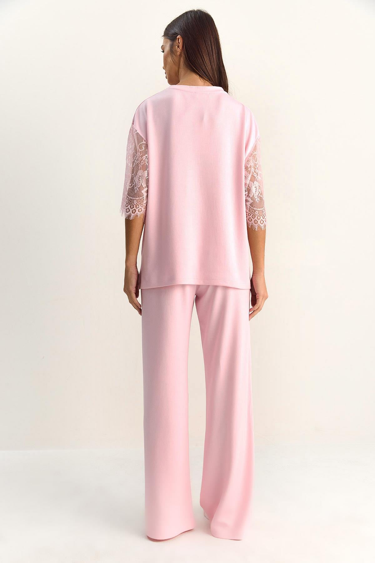 Kadın Kolları Dantelli Oversize Basic T-Shirt Beli Lastikli Bol Pantolon Alt-Üst Modal Takım 4115 60286085 - Pembe ALT - ÜST TAKIM modelleri