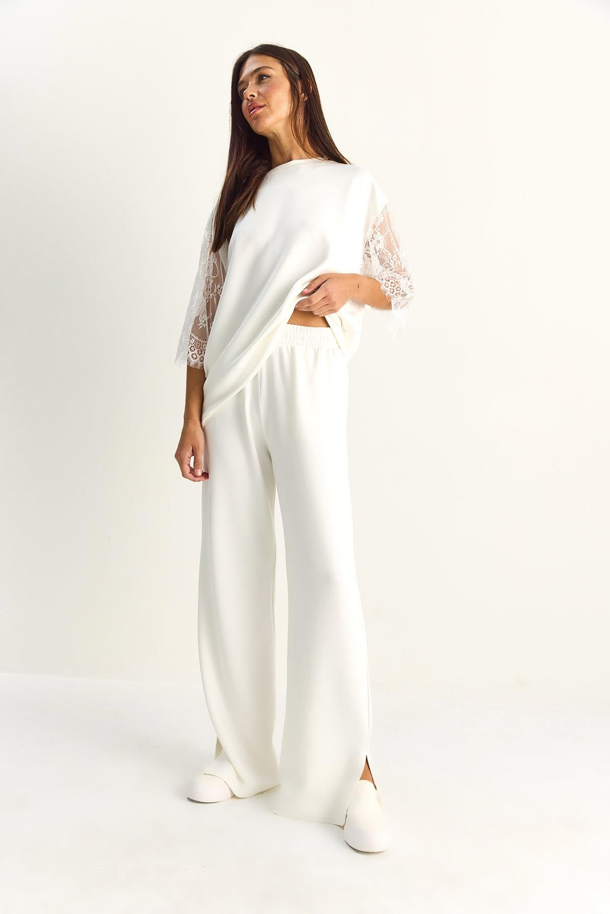 Kadın Kolları Dantelli Oversize Basic T-Shirt Beli Lastikli Bol Pantolon Alt-Üst Modal Takım 4115 60286085 - Beyaz ALT - ÜST TAKIM modelleri