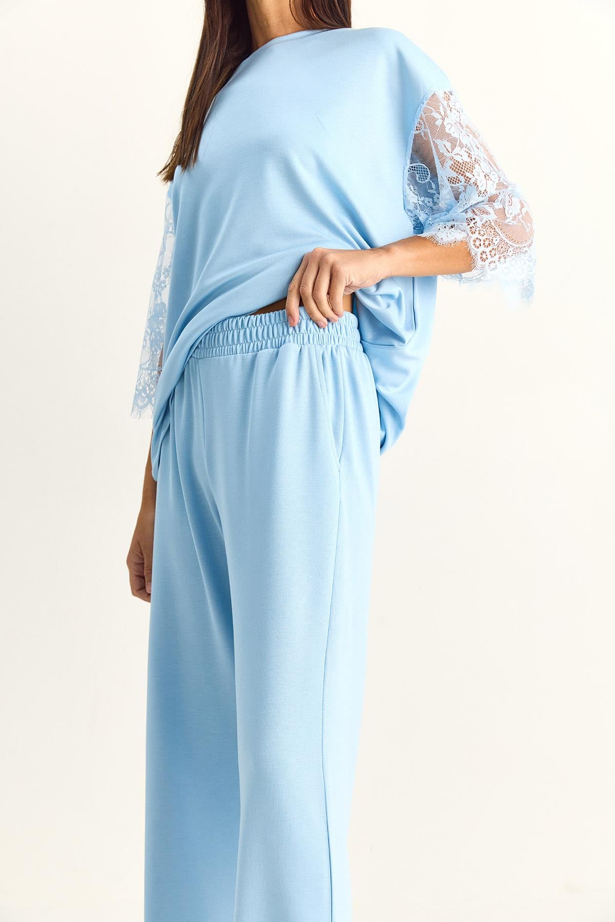 Kadın Kolları Dantelli Oversize Basic T-Shirt Beli Lastikli Bol Pantolon Alt-Üst Modal Takım 4115 60286085 - Bebe Mavisi ALT - ÜST TAKIM modelleri