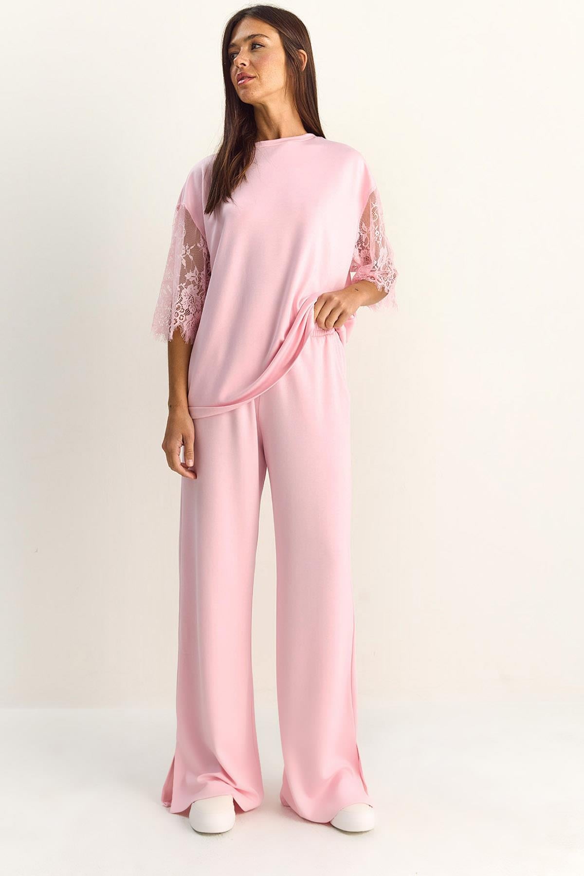 Kadın Kolları Dantelli Oversize Basic T-Shirt Beli Lastikli Bol Pantolon Alt-Üst Modal Takım 4115 60286085 - Pembe ALT - ÜST TAKIM modelleri