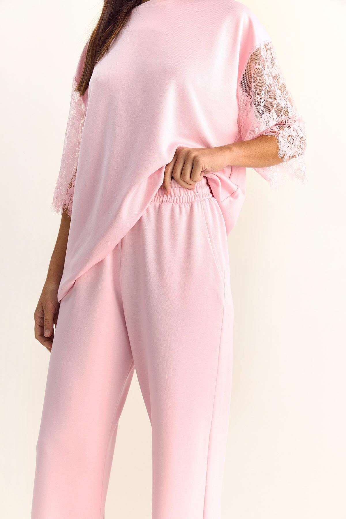 Kadın Kolları Dantelli Oversize Basic T-Shirt Beli Lastikli Bol Pantolon Alt-Üst Modal Takım 4115 60286085 - Pembe ALT - ÜST TAKIM modelleri