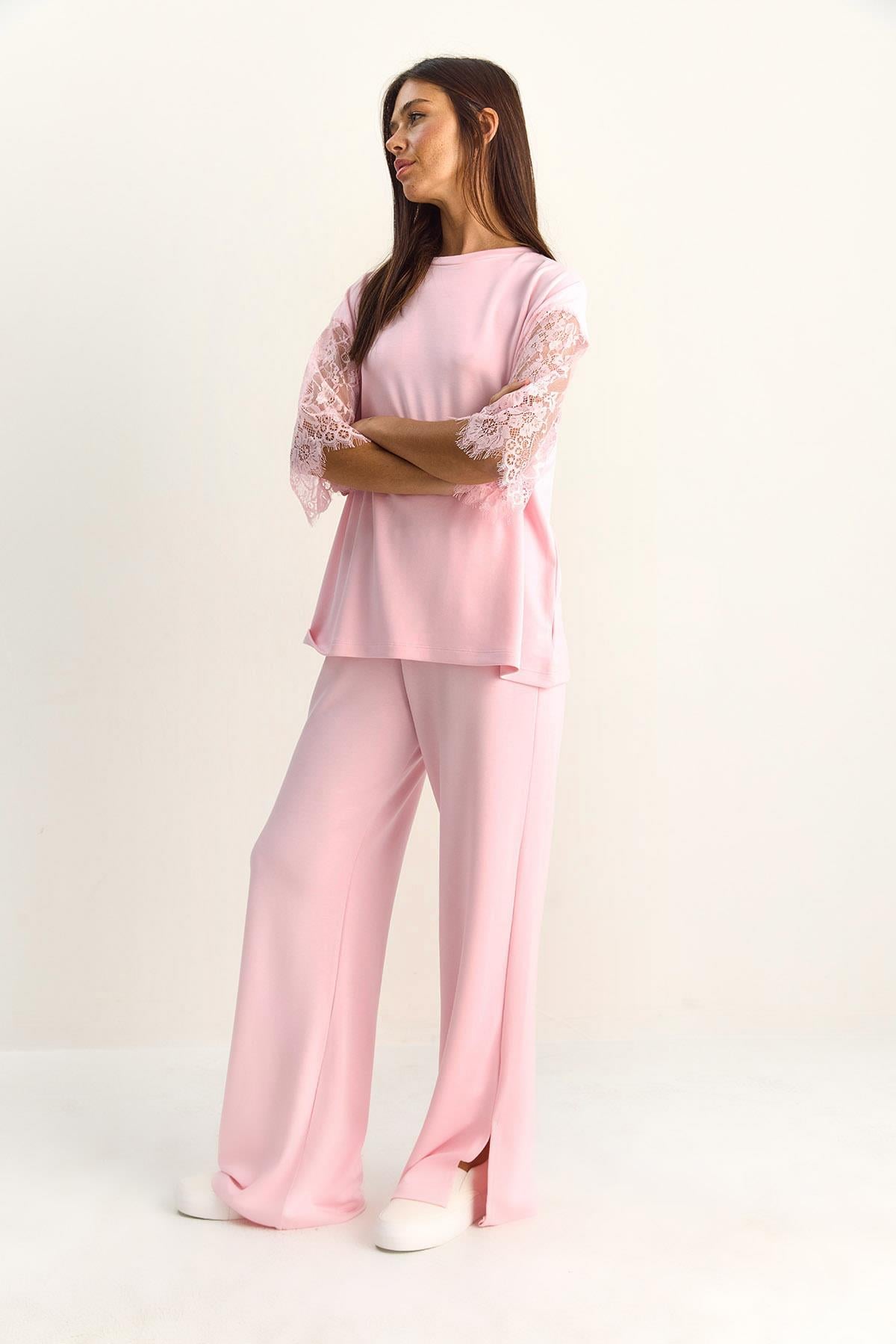 Kadın Kolları Dantelli Oversize Basic T-Shirt Beli Lastikli Bol Pantolon Alt-Üst Modal Takım 4115 60286085 - Pembe ALT - ÜST TAKIM modelleri