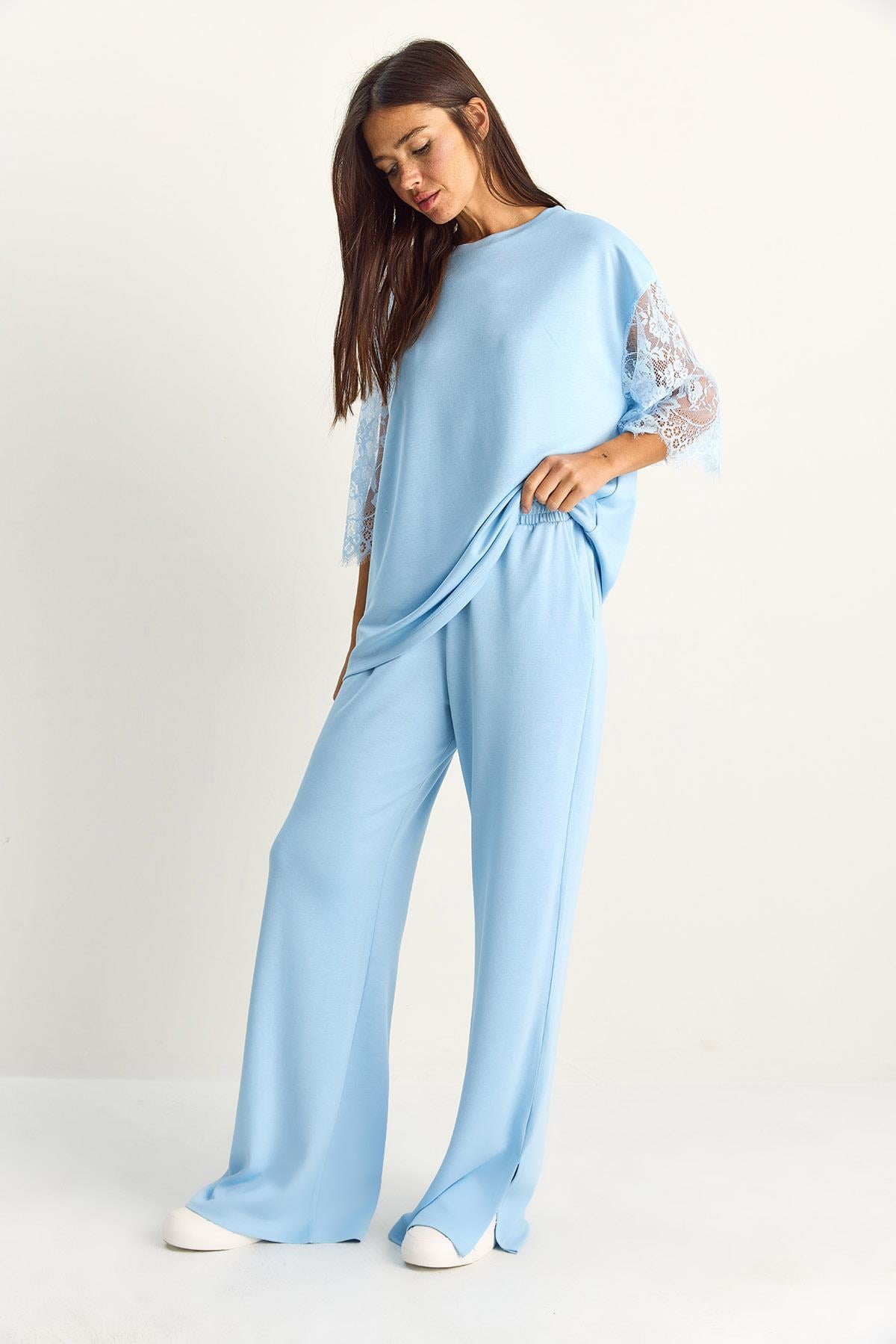 Kadın Kolları Dantelli Oversize Basic T-Shirt Beli Lastikli Bol Pantolon Alt-Üst Modal Takım 4115 60286085 - Bebe Mavisi ALT - ÜST TAKIM modelleri
