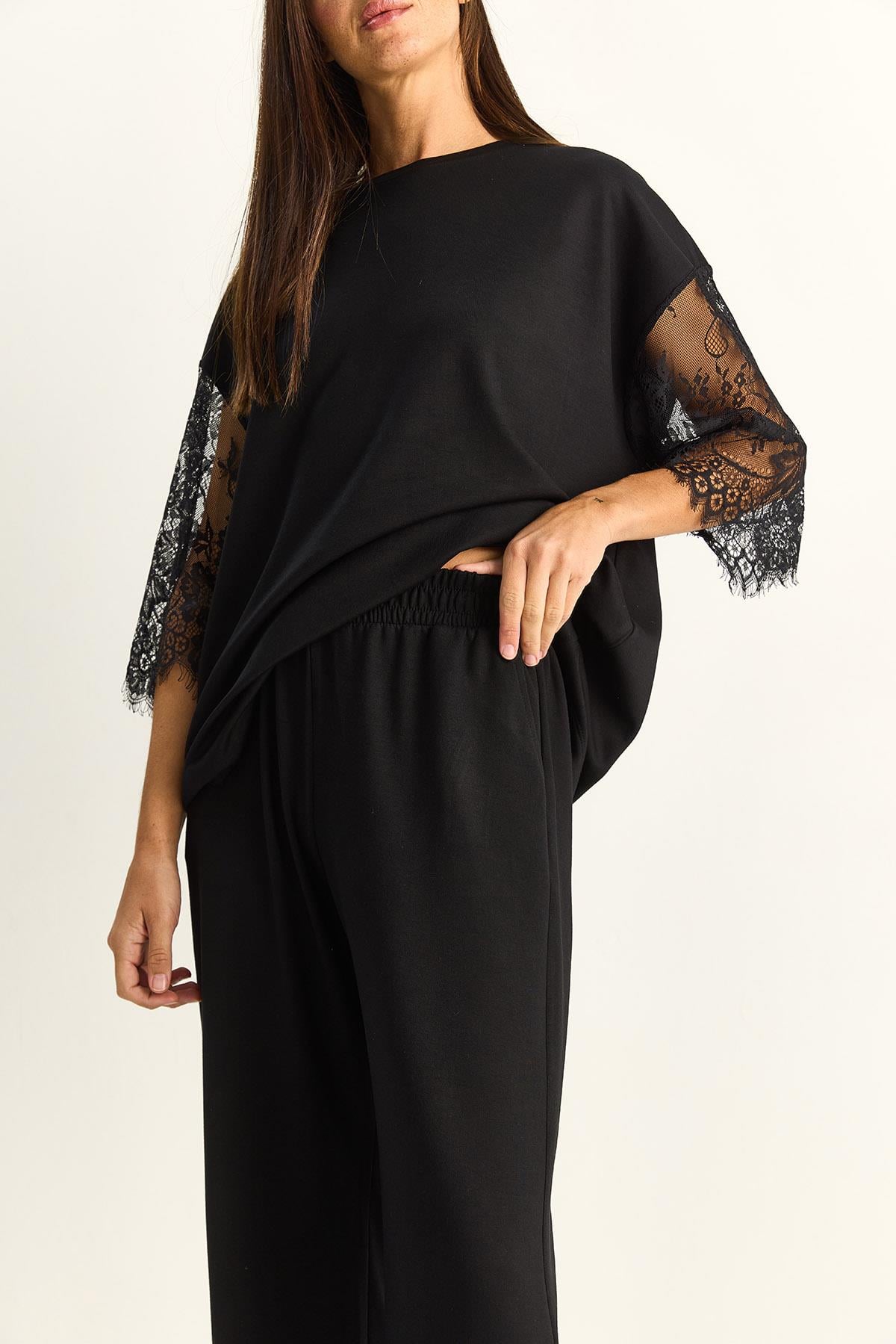 Kadın Kolları Dantelli Oversize Basic T-Shirt Beli Lastikli Bol Pantolon Alt-Üst Modal Takım 4115 60286085 - Siyah ALT - ÜST TAKIM modelleri