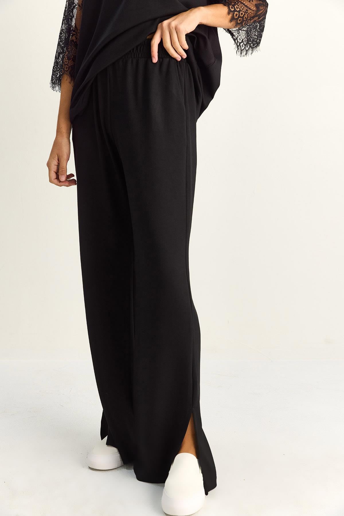 Kadın Kolları Dantelli Oversize Basic T-Shirt Beli Lastikli Bol Pantolon Alt-Üst Modal Takım 4115 60286085 - Siyah ALT - ÜST TAKIM modelleri