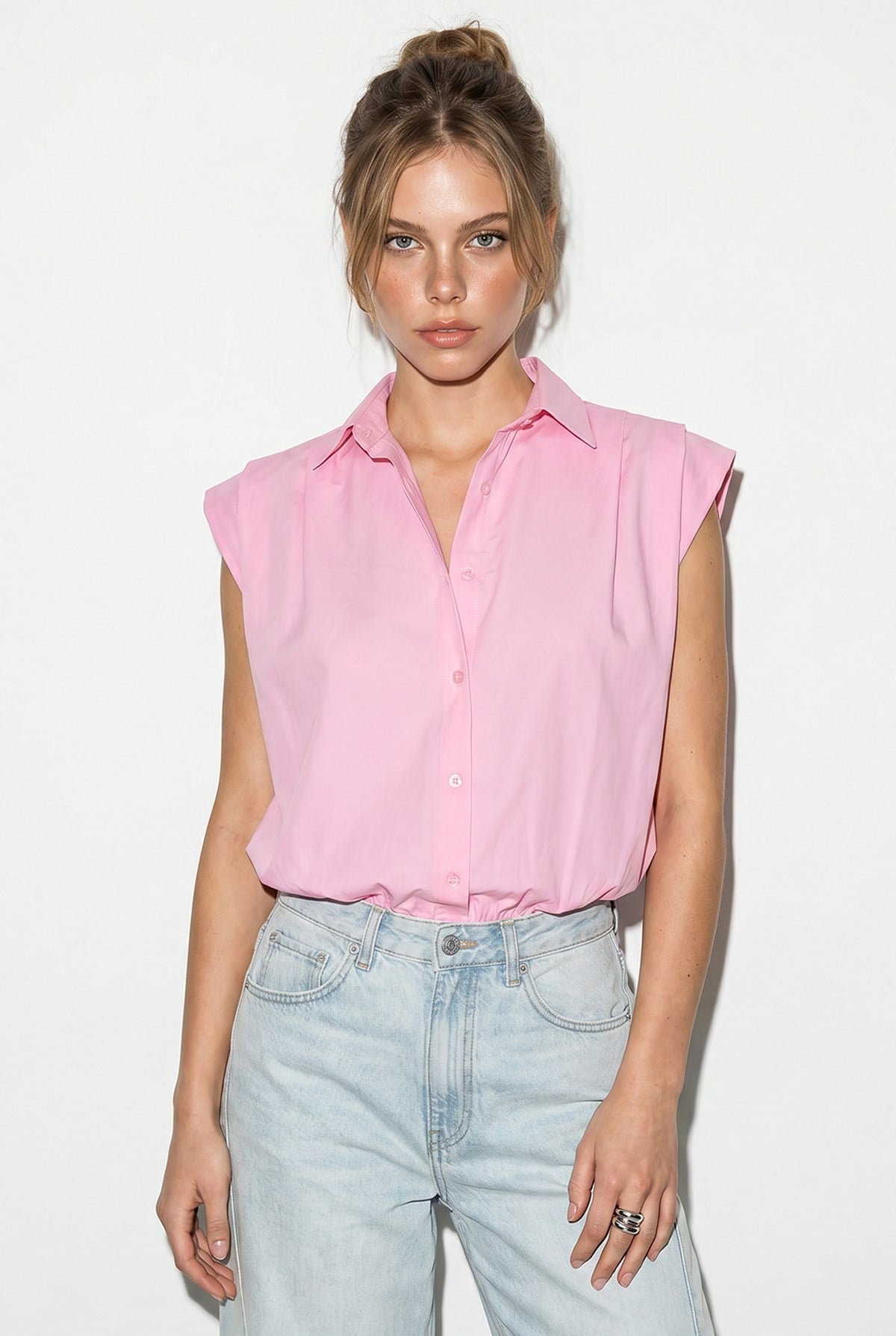 Kadın Kolsuz Gömlek Yaka Beli Lastikli Balon Crop Gömlek DG261030 60286343 - Pembe GÖMLEK modelleri