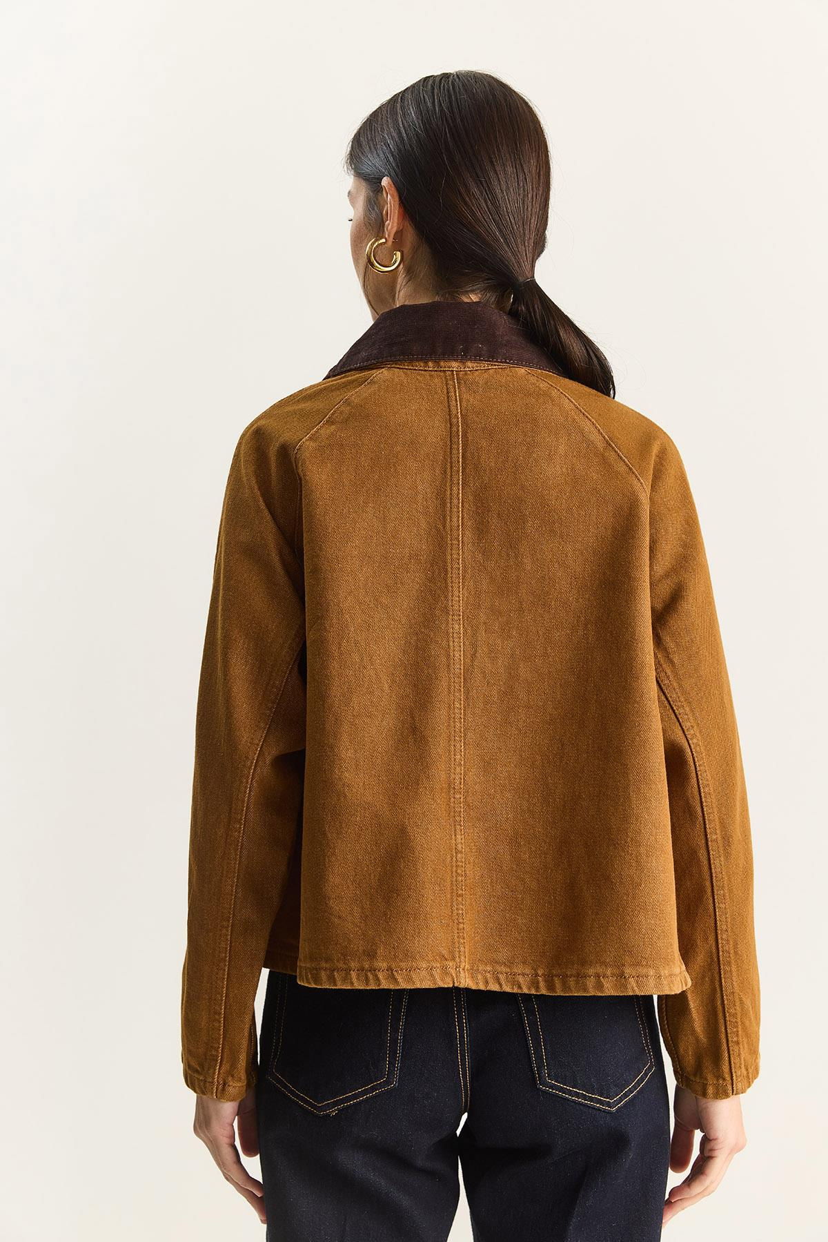 Kadın Kontrast Kadife Yaka Detaylı Büyük Cepli Gabardin Oversize Denim Ceket 6051 60283862 - Camel CEKET modelleri
