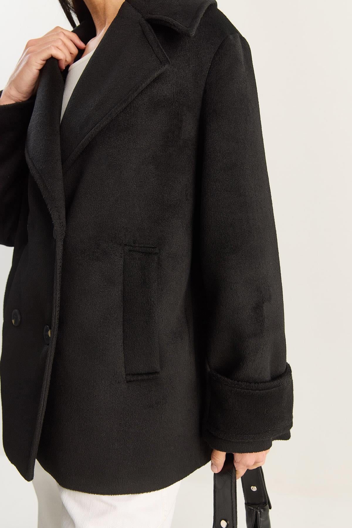 Kadın Kruvaze Yaka Astarlı Kısa Oversize Kaşe Kaban 3508 60283850 - Siyah DIŞ GİYİM modelleri
