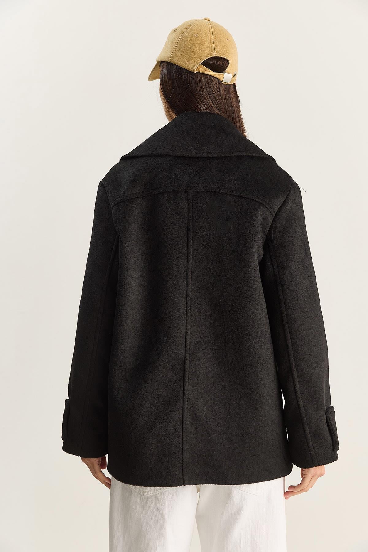Kadın Kruvaze Yaka Astarlı Kısa Oversize Kaşe Kaban 3508 60283850 - Siyah DIŞ GİYİM modelleri
