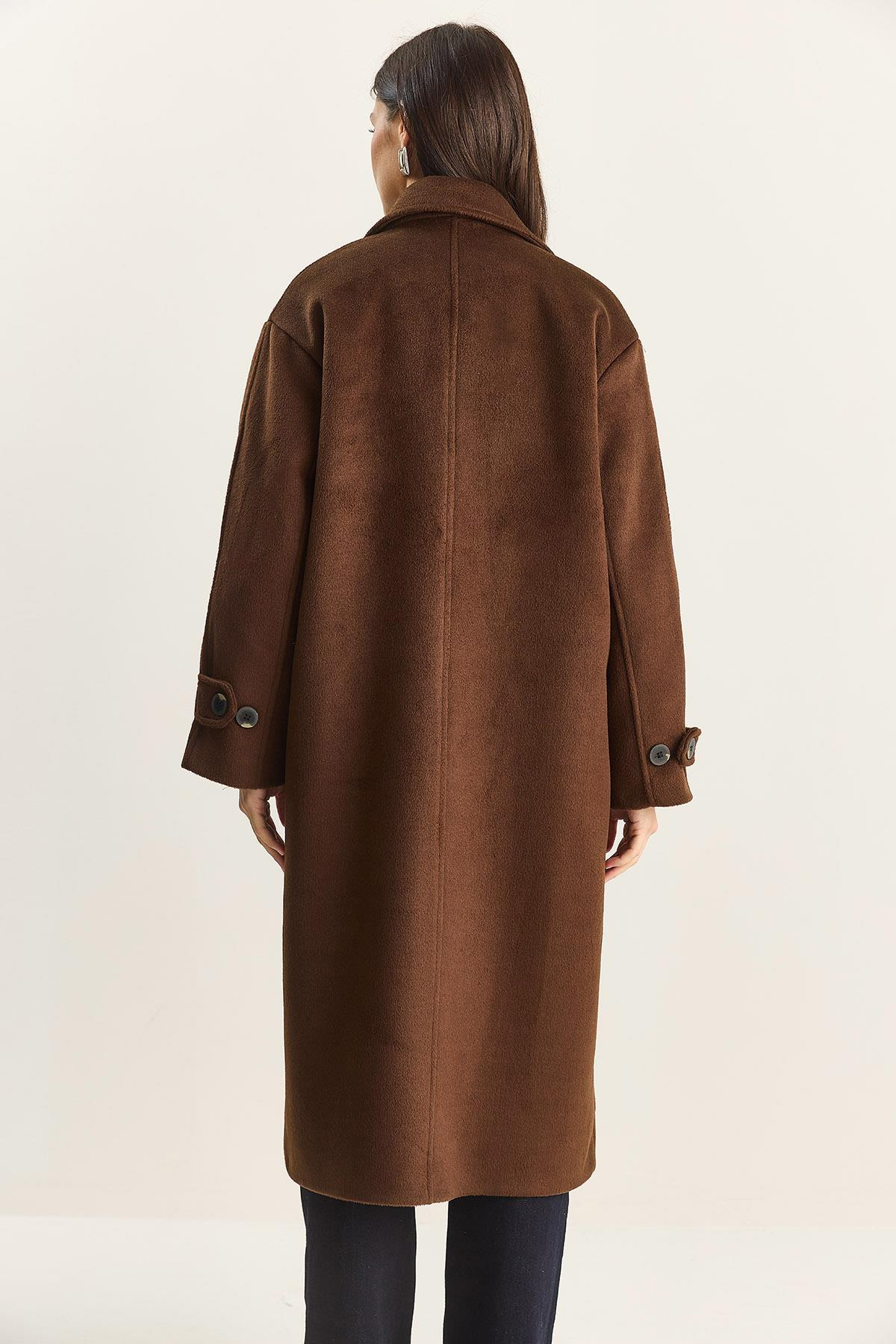 Kadın Kruvaze Yaka Astarlı Oversize Uzun Kaşe Kaban 3509 60283849 - Acı Kahve DIŞ GİYİM modelleri