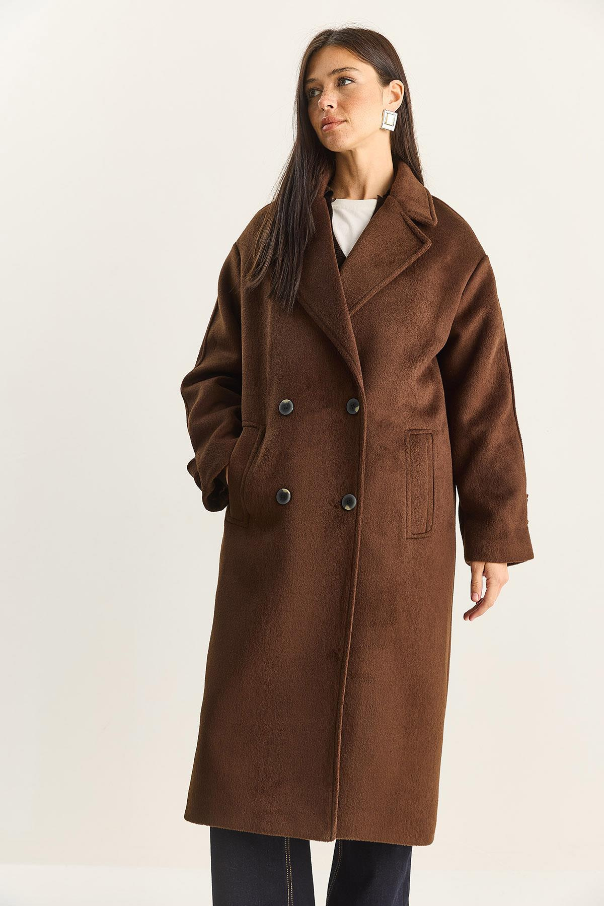 Kadın Kruvaze Yaka Astarlı Oversize Uzun Kaşe Kaban 3509 60283849 - Acı Kahve DIŞ GİYİM modelleri