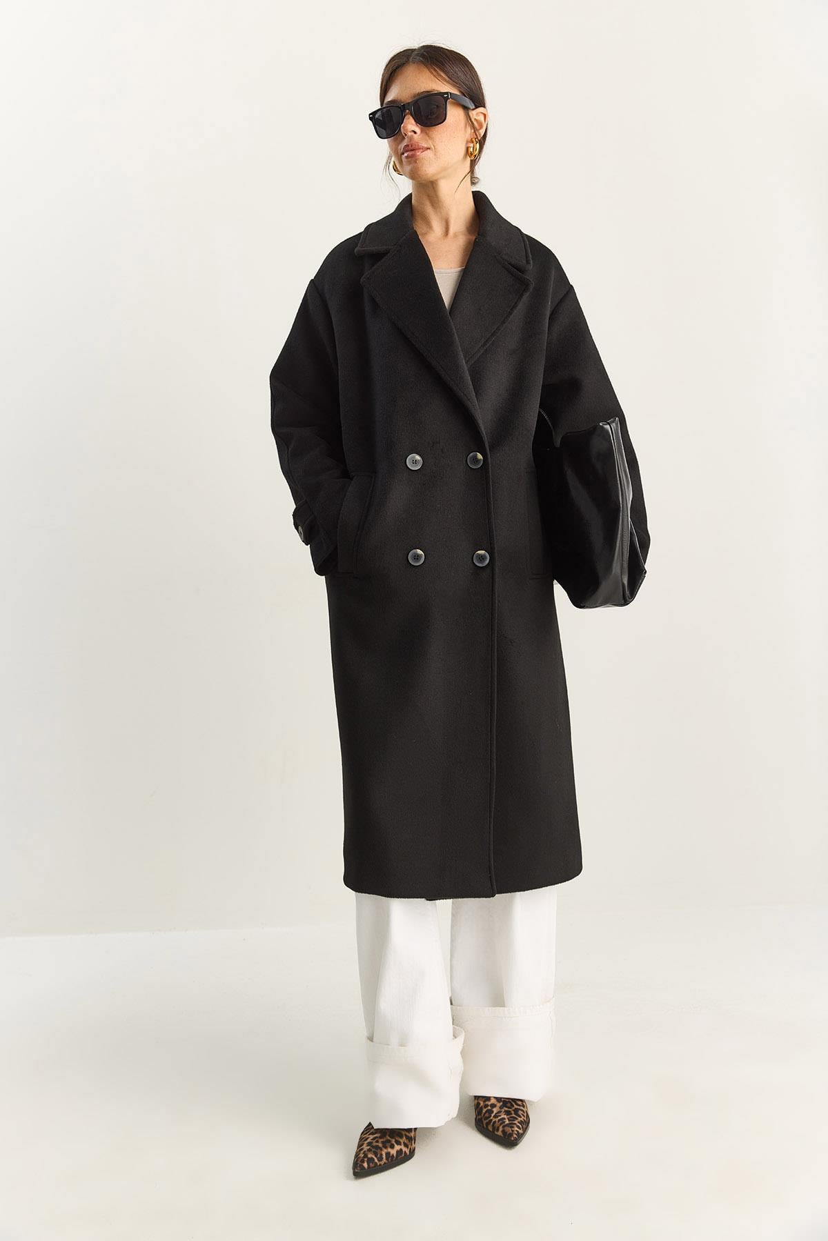 Kadın Kruvaze Yaka Astarlı Oversize Uzun Kaşe Kaban 3509 60283849 - Siyah DIŞ GİYİM modelleri