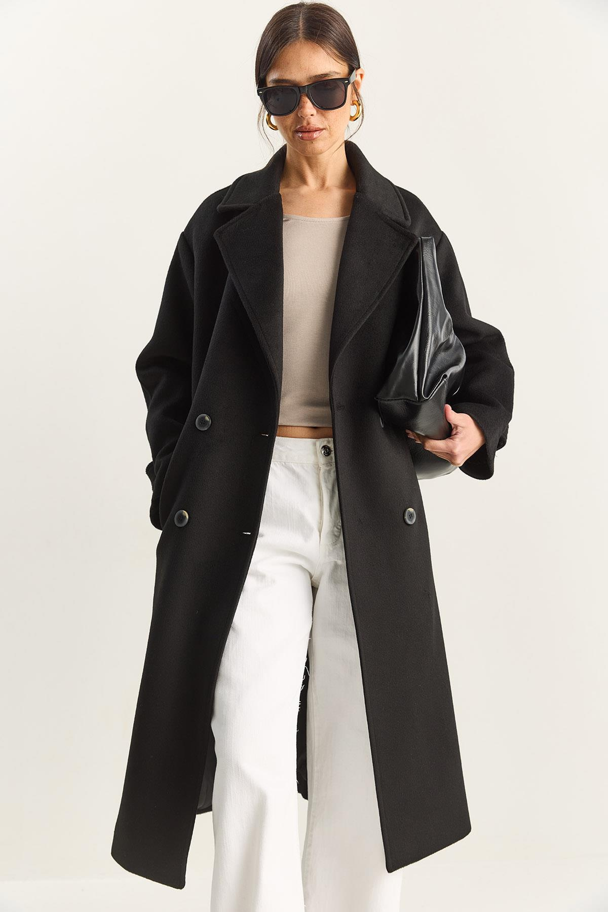 Kadın Kruvaze Yaka Astarlı Oversize Uzun Kaşe Kaban 3509 60283849 - Siyah DIŞ GİYİM modelleri