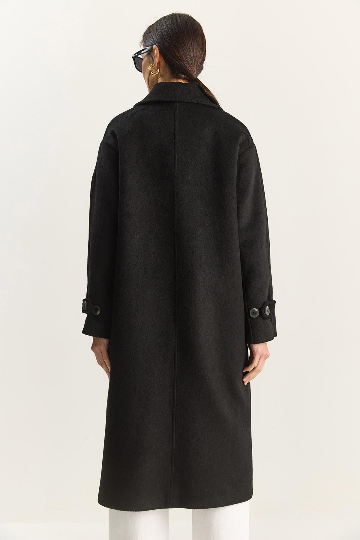 Kadın Kruvaze Yaka Astarlı Oversize Uzun Kaşe Kaban 3509 60283849 - Siyah DIŞ GİYİM modelleri