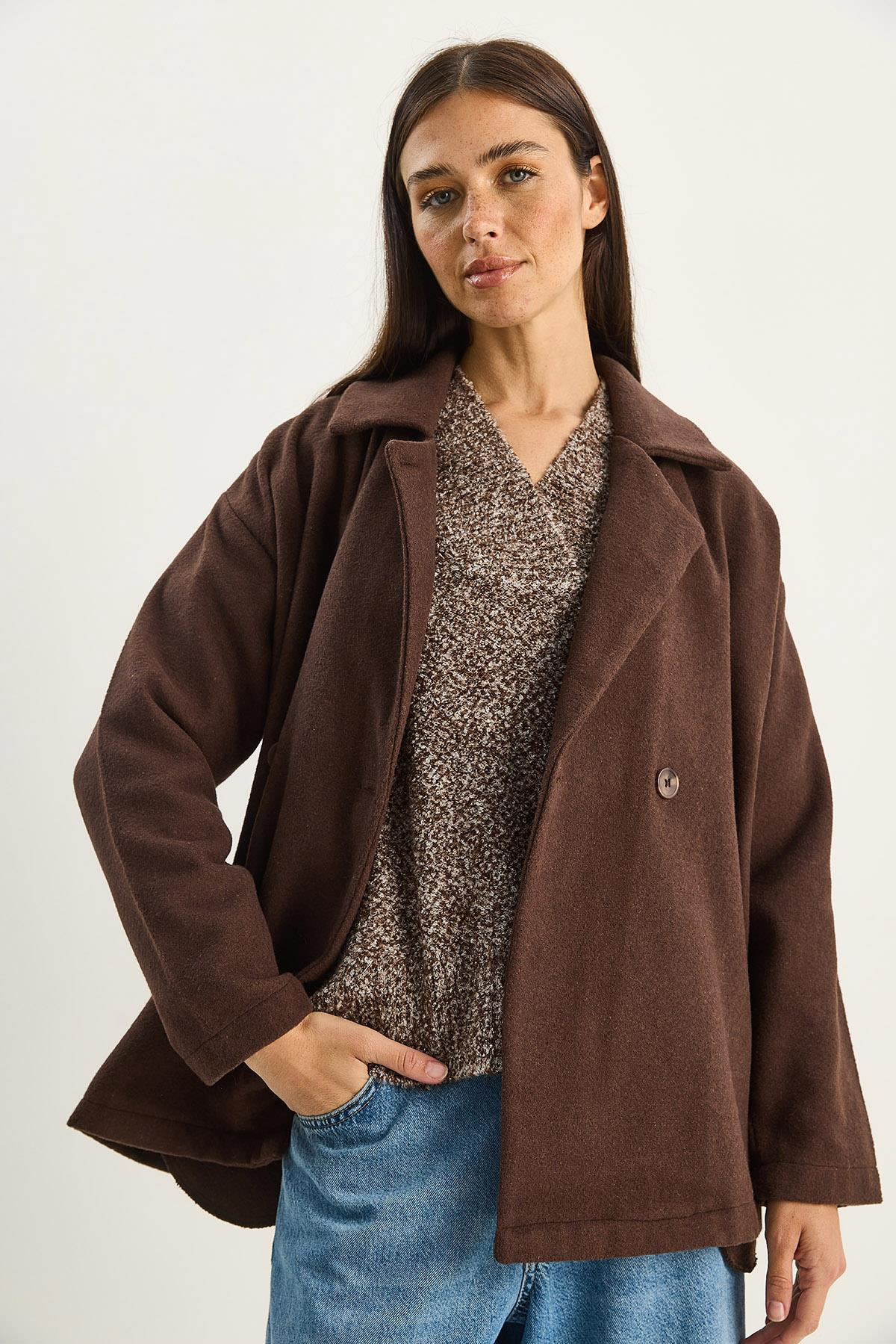 Kadın Kruvaze Yaka Cep Detaylı Kaşe Blazer Ceket 60283757 - Acı Kahve CEKET modelleri