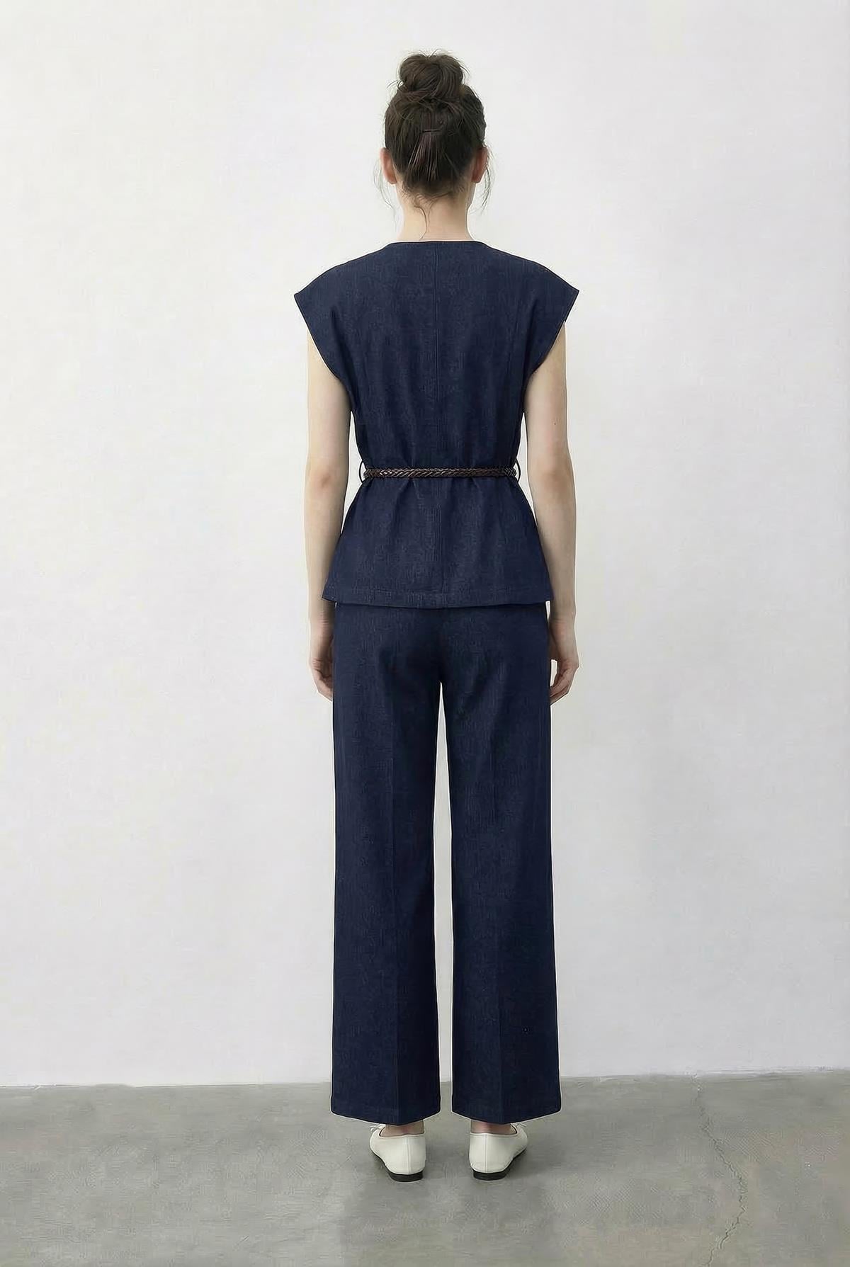 Kadın Kruvaze Yaka Saten Kuşaklı Yelek Bol Pantolon Alt-Üst Denim Takım 9415 60286044 - Lacivert ALT - ÜST TAKIM modelleri