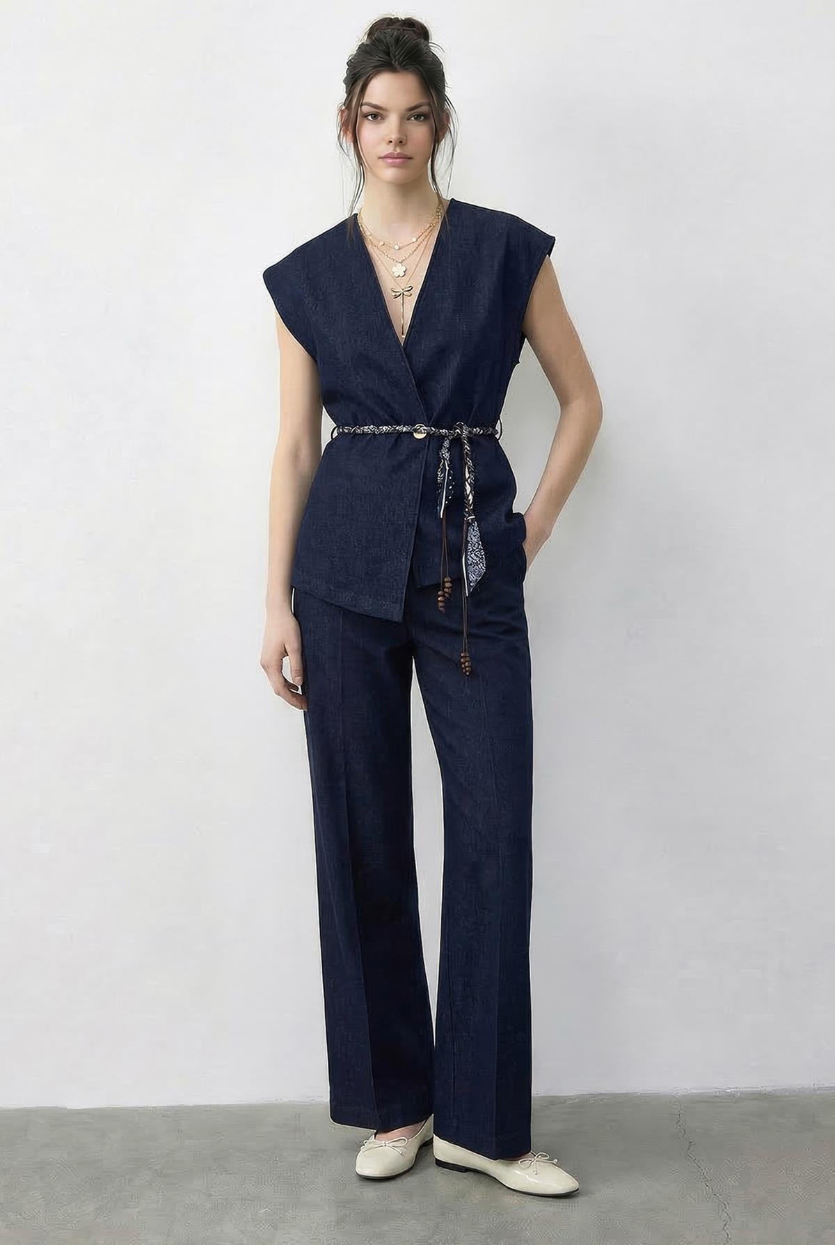 Kadın Kruvaze Yaka Saten Kuşaklı Yelek Bol Pantolon Alt-Üst Denim Takım 9415 60286044 - Lacivert ALT - ÜST TAKIM modelleri