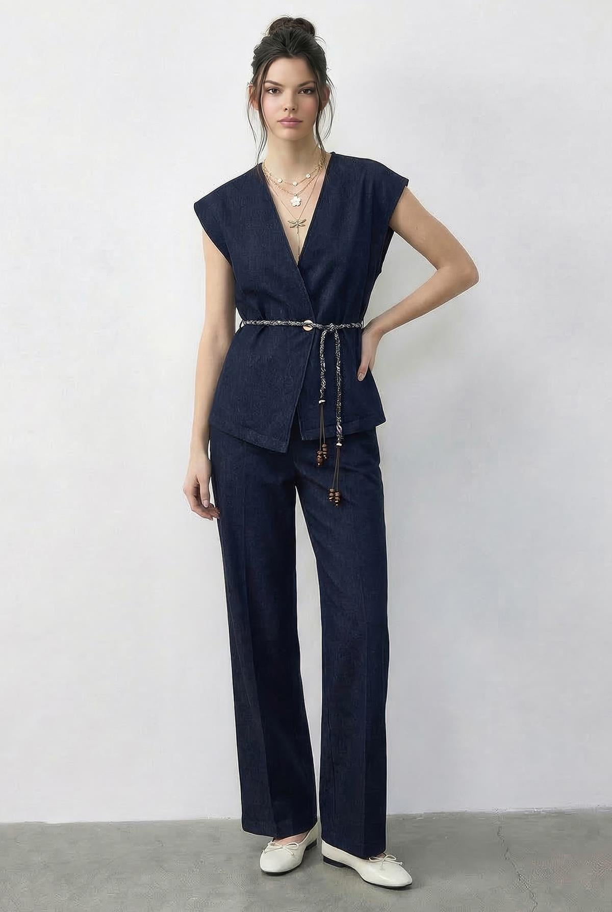 Kadın Kruvaze Yaka Saten Kuşaklı Yelek Bol Pantolon Alt-Üst Denim Takım 9415 60286044 - Lacivert ALT - ÜST TAKIM modelleri