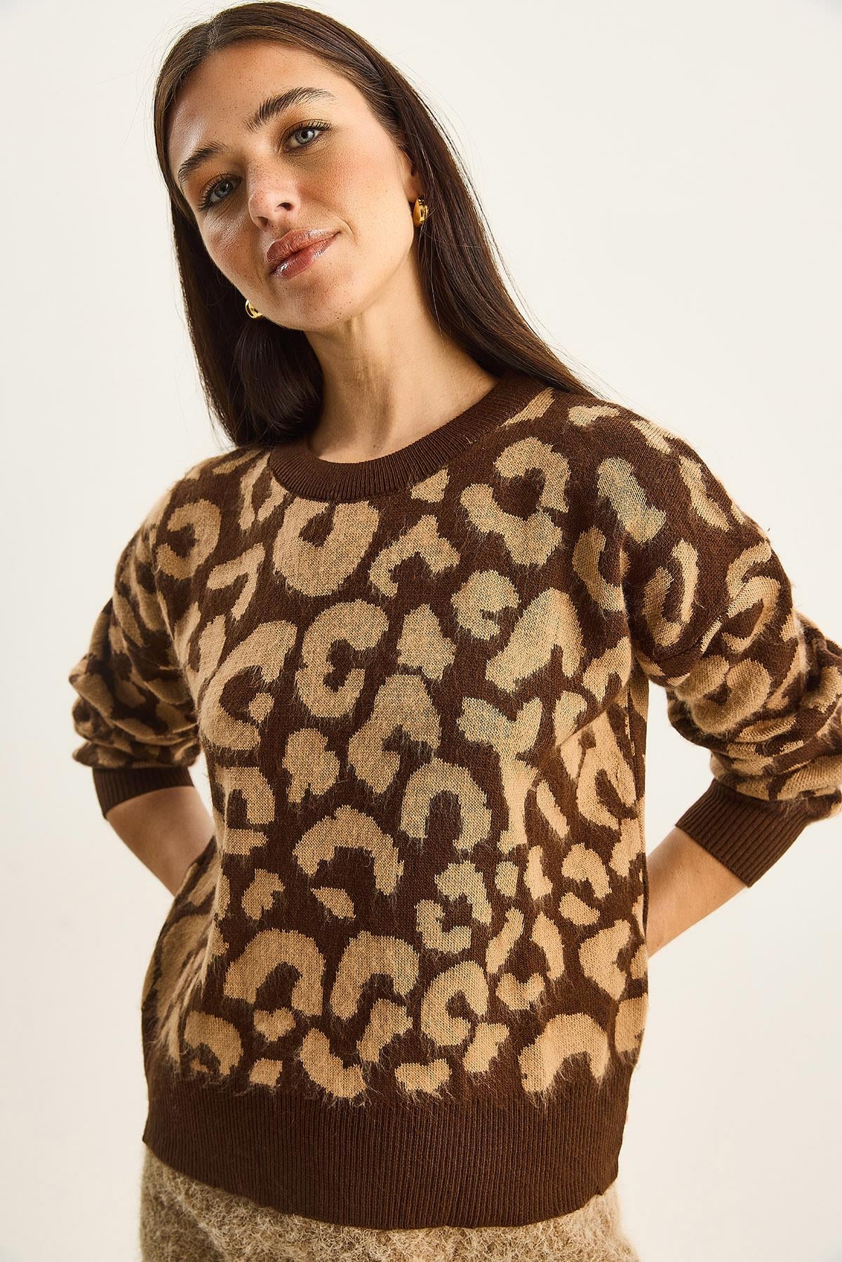 Kadın Leopar Desenli Bisiklet Yaka Şardonlu Basic Triko Kazak 60285010 - Kahverengi-Camel KAZAK modelleri