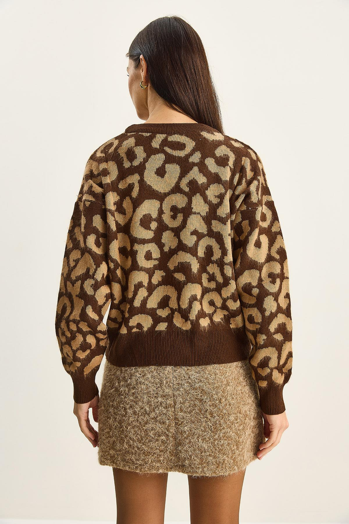 Kadın Leopar Desenli Bisiklet Yaka Şardonlu Basic Triko Kazak 60285010 - Kahverengi-Camel KAZAK modelleri